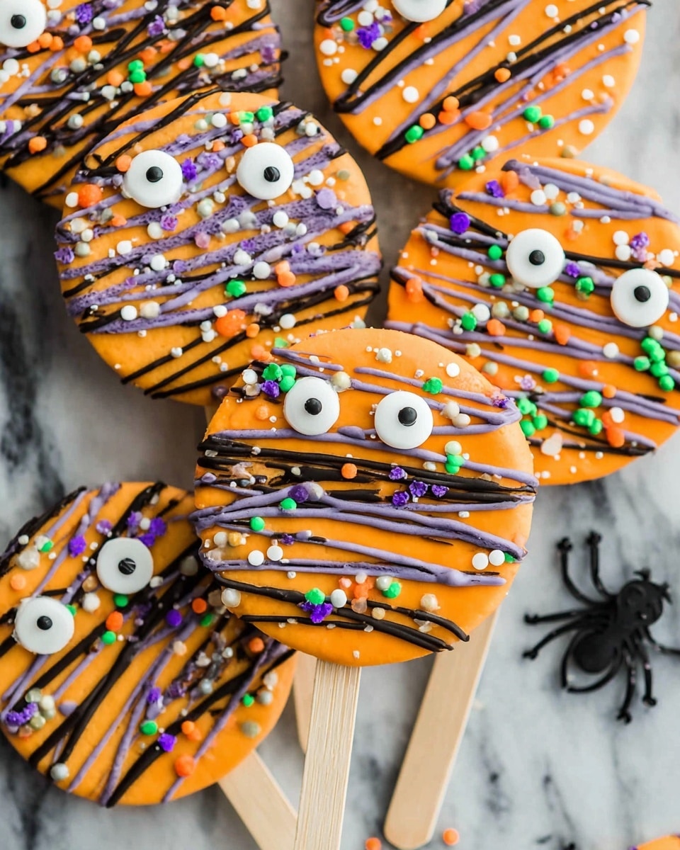 The image shows several round cookies on wooden sticks with two candy eyes on each. The cookies have an orange icing base with thin, uneven black lines drizzled across the top. Colorful sprinkles in green, orange, purple, white, and silver are scattered all over the icing. The cookies are placed closely together on a white marbled surface, and there is a small black plastic spider on the bottom right. Photo taken with an iphone --ar 4:5 --v 7