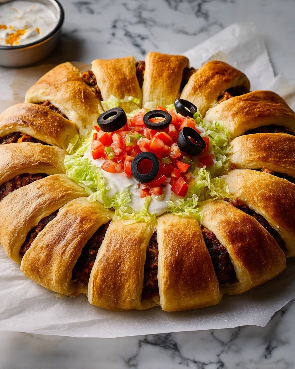 The dish is a round ring of golden-brown baked dough with evenly spaced cuts filled with dark brown cooked filling, with each segment having a strip of dough bending outward like legs. The center has three layers that create a face: the bottom layer is creamy white sour cream topped with two black olive slices as eyes, the middle layer is diced bright red tomatoes, and the top layer is chopped light green lettuce. The ring sits on white parchment paper over a white marbled surface. Photo taken with an iphone --ar 4:5 --v 7