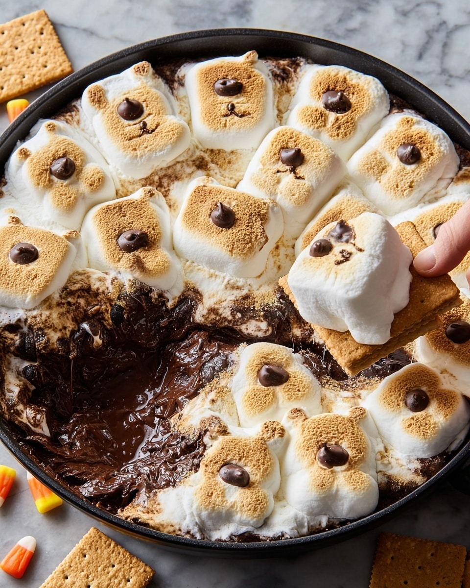 The image shows a dark cast-iron skillet filled with a dessert. The bottom layer is melted dark chocolate, which looks smooth and shiny. On top, there is a thick layer of golden-brown toasted marshmallows with a soft white inside, slightly cracked on the surface. Small clusters of dark chocolate chips are scattered on some marshmallows. A woman's hand is dipping a graham cracker into the melted chocolate and marshmallow mix, stretching the sticky white marshmallow. The skillet sits on a white marbled surface. photo taken with an iphone --ar 4:5 --v 7