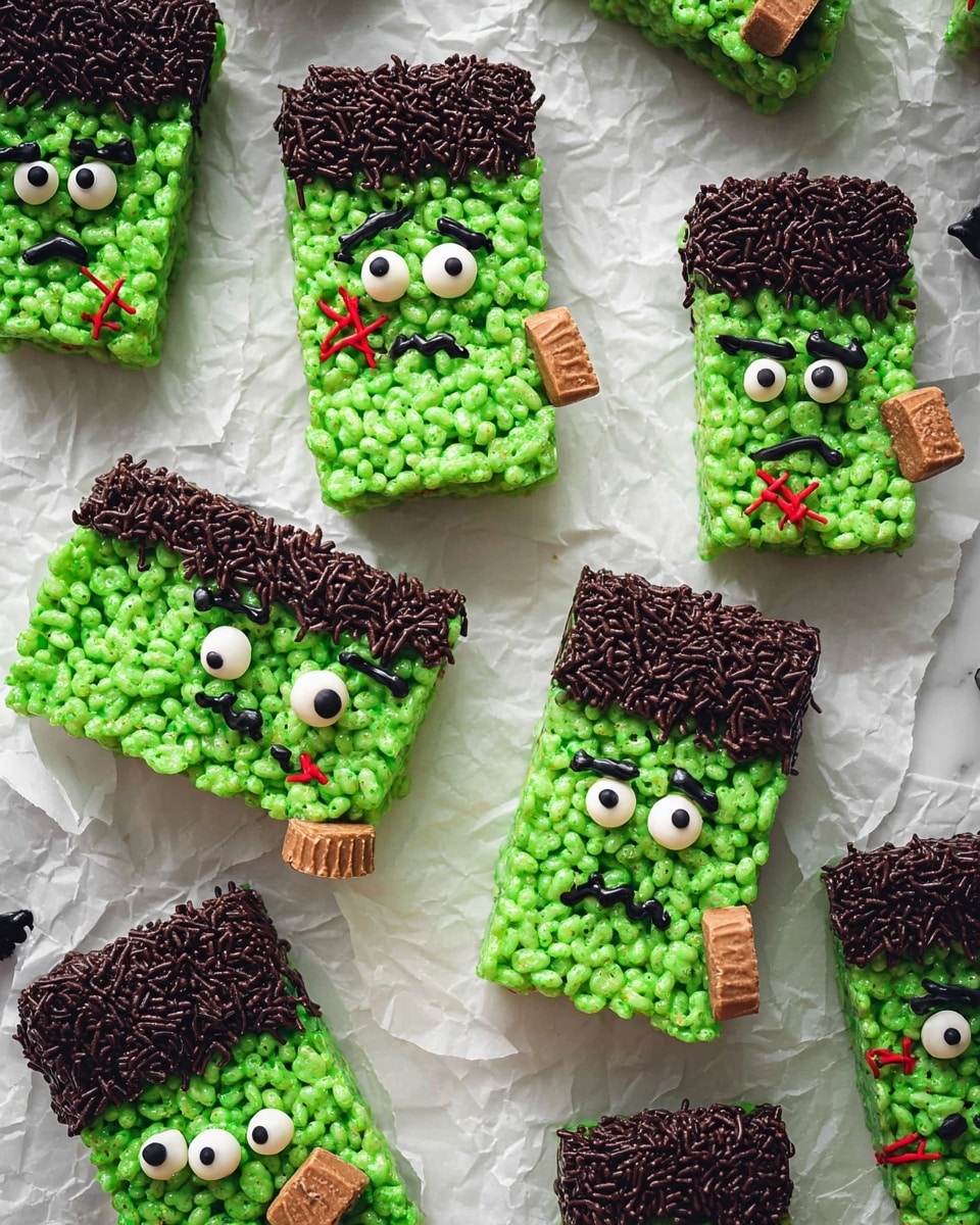 The image shows a green crispy rice treat shaped like a small rectangular figure with three layers. The large bottom layer is bright green and textured with puffed rice, forming the main body. On each side of this layer, two brown circular pieces stick out like arms. The top layer is a thick coating of smooth dark chocolate covered with long thin chocolate sprinkles, creating a hair-like effect. The treat has two round white candy eyes with black pupils placed near the top center of the green area. Below the eyes is a smiling mouth drawn with black icing and two black icing