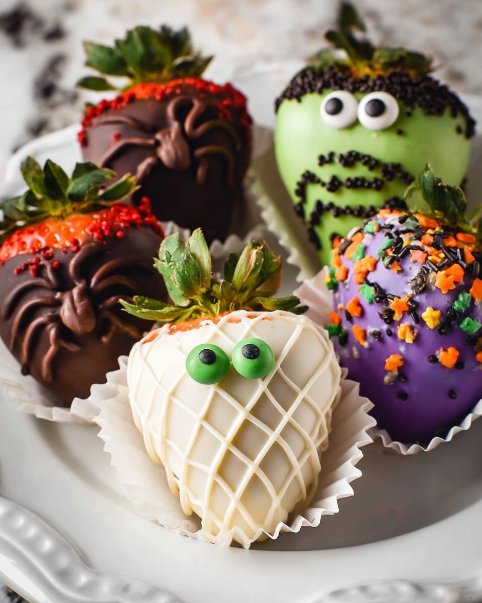 The image shows a close-up of six decorated strawberries on a white plate with a white marbled surface. The front strawberry is covered in smooth white chocolate with a crisscross pattern of white drizzle and two small green candy eyes placed near the top with green leaves sticking out. Behind and to the left, there is a dark chocolate-covered strawberry with red candy dots and curved dark chocolate decorations resembling spider legs. On the right, a green chocolate-covered strawberry has black sprinkles on top and two large white candy eyes. Two purple chocolate-covered strawberries are decorated with orange, green, black, and white sprinkles, one with black and orange sprinkles on top and the other with various shapes including stars. Each strawberry is placed in a white paper cup. Photo taken with an iphone --ar 4:5 --v 7
