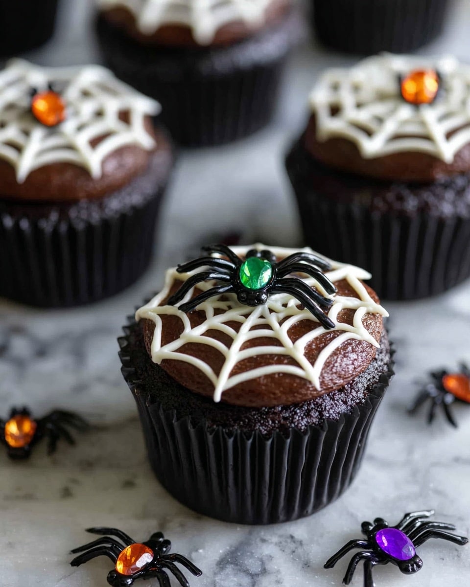 A chocolate cupcake in a black paper cup sits on a white marbled surface. The cupcake has a smooth dark chocolate icing layer spread on top. Over this is a white frosting spider web pattern, made with thick lines forming a circle and connecting lines. On top in the center is a small black plastic spider with a shiny green gem body. Around the cupcake on the marble surface are other small spider decorations with colorful shiny gem bodies in purple and orange. In the background, blurred, are more similar cupcakes. photo taken with an iphone --ar 4:5 --v 7