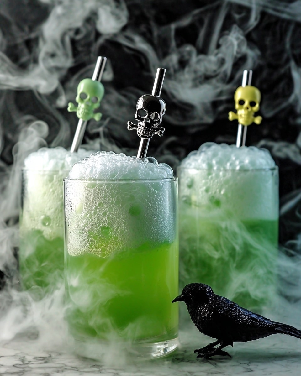 The image shows three clear glasses filled with a bright green liquid that has a light foam layer on top. Each glass is topped with thick white bubbles that overflow and spill down the sides. The drinks have metal stirrers with skull and crossbones decorations in different colors—one black, one yellow, and one green. There is steam rising from the drinks, adding a smoky effect. A small black bird figure sits in front of the glasses. The background surface is changed to a white marbled texture with dark shadows behind the glasses. The overall look is spooky and playful, like a Halloween drink photo taken with an iphone --ar 4:5 --v 7