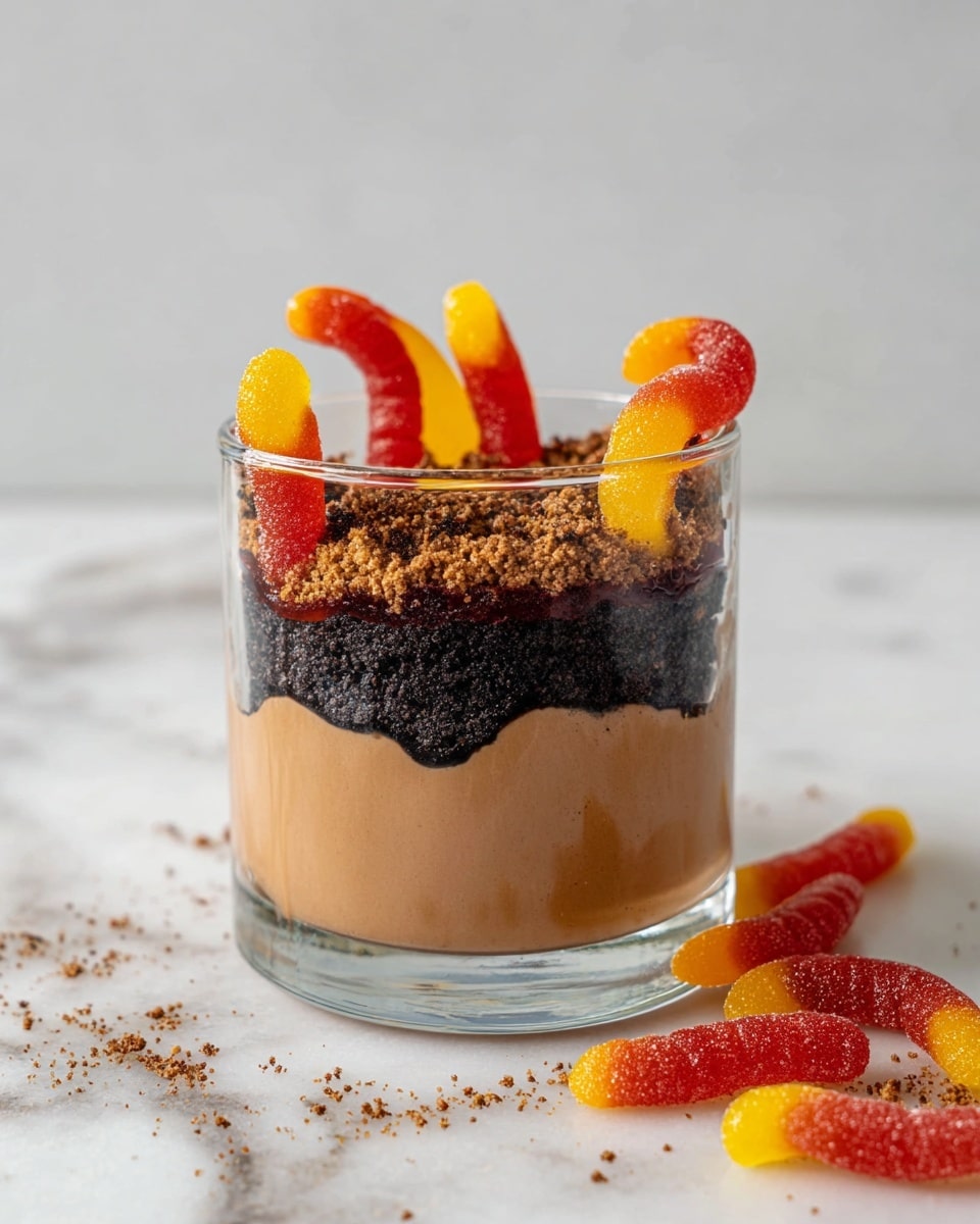 A clear glass holds a two-layer dessert on a white marbled surface; the bottom layer is a smooth, light brown mousse filling about two-thirds of the glass with a slightly foamy top edge, and the top layer consists of dark, crumbly crushed cookies unevenly piled. Around the glass on the surface are scattered cookie crumbs and colorful gummy worms in red, yellow, and dark purple hues. A part of a white bowl is visible on the left side, and a white bowl with blue streaks containing more gummy worms is on the right background. Photo taken with an iphone --ar 4:5 --v 7