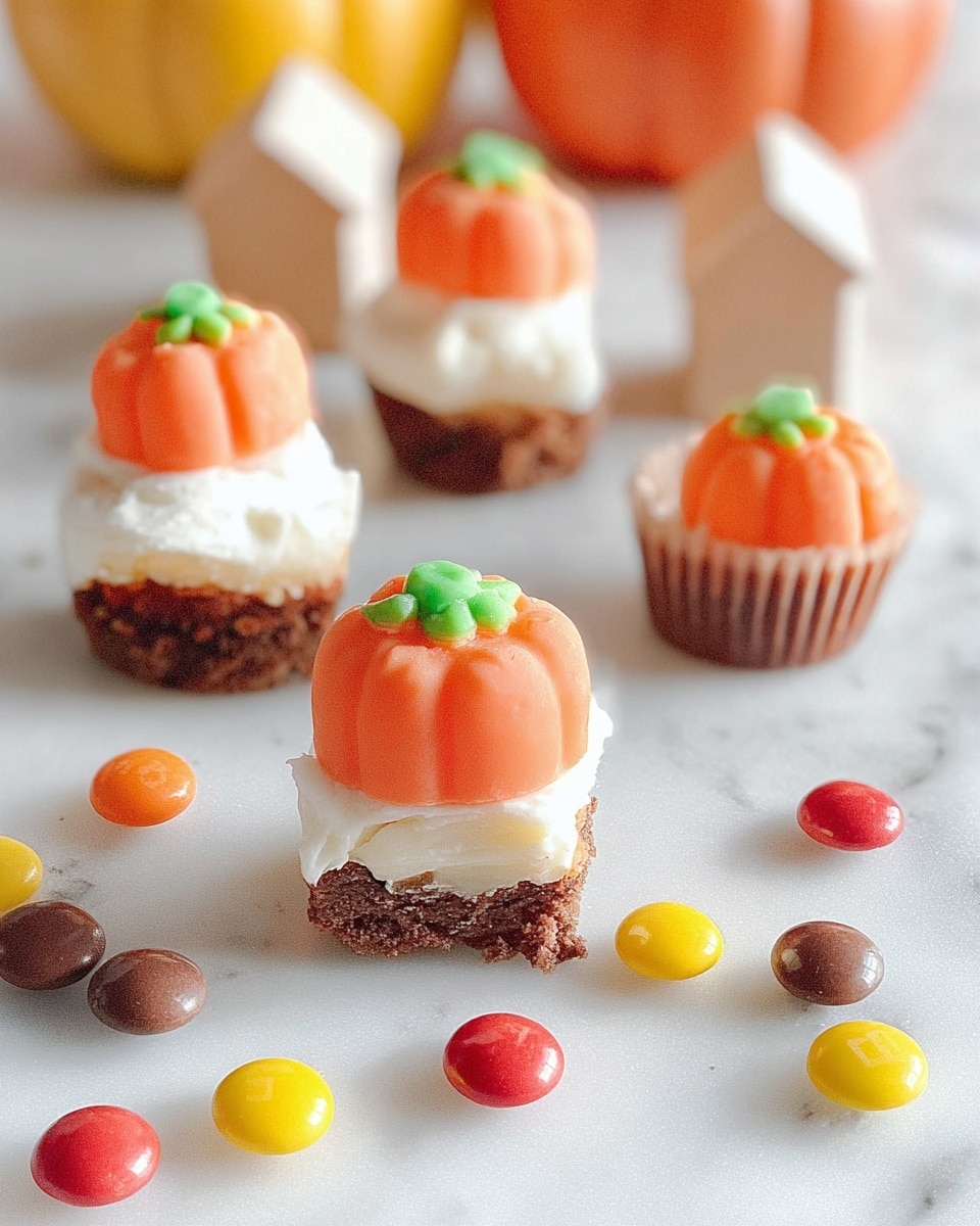 The image shows several small treats arranged on a white marbled surface. Each treat has three layers: the bottom layer is a brown chocolate base, the middle layer is a white creamy topping that looks soft and thick, and the top layer is a small orange pumpkin-shaped candy with a green stem. There are colorful round candies scattered around the treats in red, yellow, and brown shades. The background is blurred but features autumn colors like yellow and orange, with two small pale wooden house shapes placed behind the treats. Photo taken with an iphone --ar 4:5 --v 7