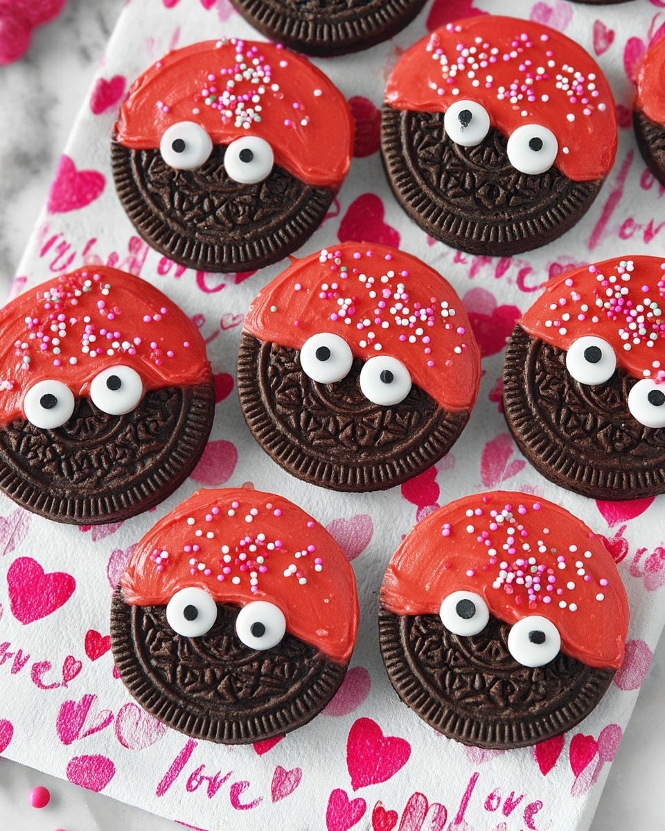 The image shows a group of round sandwich cookies arranged on a white cloth with colorful heart and