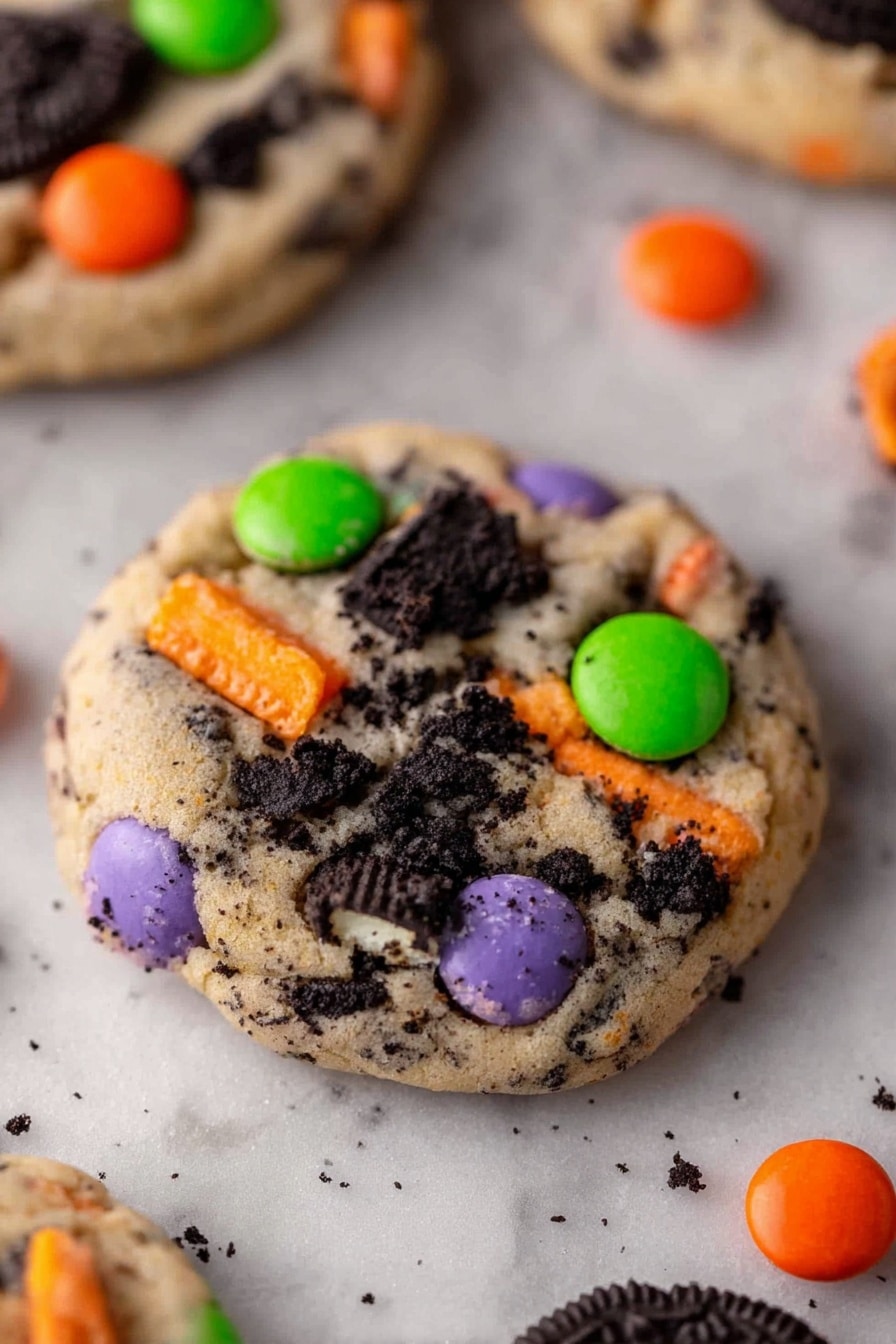 Halloween Oreo M&M’s Cookies, Halloween Oreo cookies, fall cookie recipes, festive Halloween treats, colorful M&M cookie recipe - A single round cookie with a light beige base, mixed with small black cookie crumbs throughout. The cookie is topped with colorful candy pieces in bright orange, green, and purple, some embedded and some resting on top. There are visible chunks of dark chocolate cookie pieces with orange filling, scattered on the surface of the cookie. The background is a white marbled texture with more cookies and some orange candy pieces slightly blurred in the back. Photo taken with an iphone --ar 2:3 --v 7