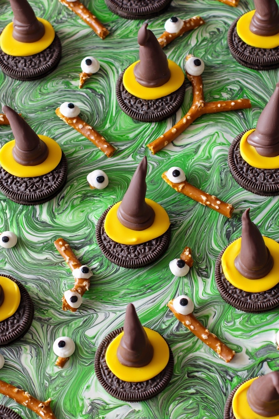 Melted Witch Halloween Bark, Halloween treat ideas, spooky chocolate bark, easy Halloween desserts, DIY Halloween candies - The image shows a white marbled surface covered with a swirl of melted chocolate and green colored chocolate, creating a marbled textured base. On top, there are several Oreo cookies each topped with a pointed chocolate candy cone, forming witch hat shapes. Bright yellow icing rings the base of each cone on the Oreo. Scattered around are pretzel sticks dipped in chocolate on one end and decorated with slivered almonds to look like broomsticks. Tiny candy eyes are spread evenly over the chocolate base, adding a playful touch. The overall look is colorful and festive with clear layers and textures. photo taken with an iphone --ar 2:3 --v 7