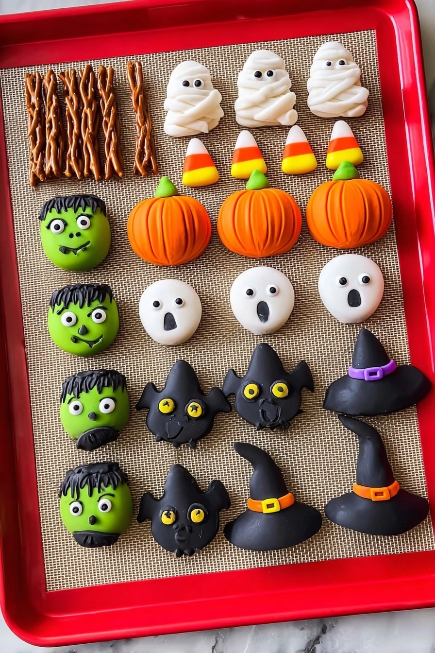Halloween Pretzels with Fondant Decorations, Halloween pretzels, festive Halloween treats, spooky snack ideas, easy Halloween dessert - A red baking tray with a white marbled background holds an assortment of small Halloween-themed candies arranged in rows on a beige baking mat. There are four green Frankenstein faces with black hair, big white and black eyes, and black stitched mouths placed in the bottom left corner. To the right, two black bats with yellow eyes and spread wings sit flat. Above them are three orange pumpkins with green stems and ridges, followed by three white ghosts with simple black eyes and round mouths. Two black witch hats with purple bands sit among the candies. At the top, four candy corn pieces in white, orange, and yellow stand upright in a row. There are also two white mummies with small black eyes, one near the top left and one on the right. On the far left, rows of brown pretzel sticks are visible. photo taken with an iphone --ar 2:3 --v 7