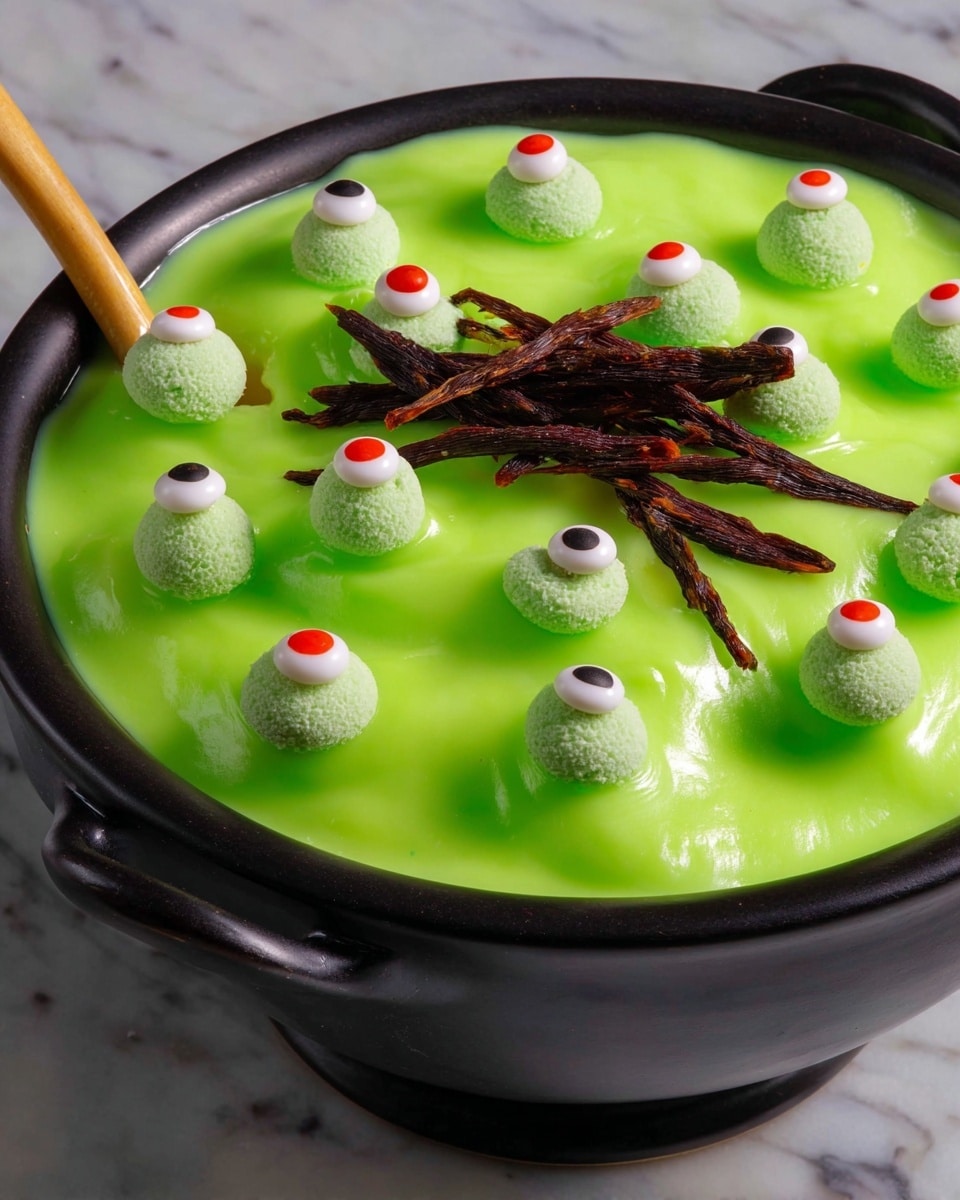 Witches Brew Halloween Trifle, Halloween dessert ideas, spooky trifle recipes, easy Halloween party desserts, festive Halloween sweets - In a black round bowl with a handle, there is a thick, shiny bright green layer of creamy pudding that fills the bowl fully, topped with evenly spaced light green round candies and small fake eyeball candies with white, black, and red details scattered on the surface. Near the bottom center, there is a small pile of long, shiny, dark orange licorice strands placed on the green pudding. A wooden spoon with a pale handle is partly dipped into the pudding on the left side. The bowl is set on a white marbled surface. Photo taken with an iphone --ar 2:3 --v 7