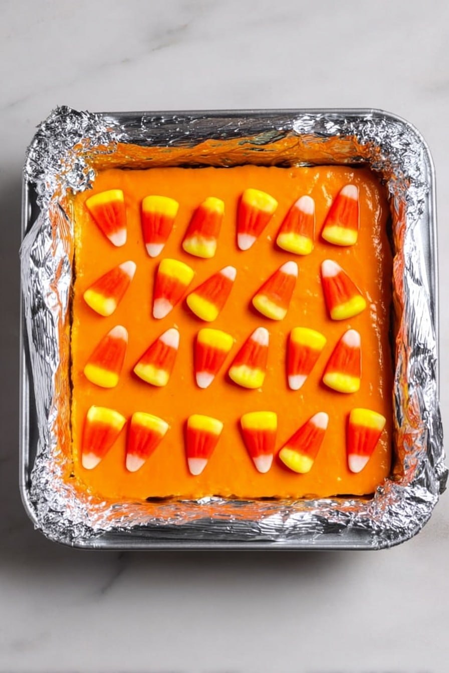 Halloween Fudge, festive Halloween treats, easy holiday fudge, no-bake Halloween desserts, candy corn fudge - A square dessert with three layers is shown in a white marbled background. The bottom layer is a darker orange base, with a thicker, bright orange middle layer filling the entire square, smooth and even on top. On the very top layer, there are small candy corn pieces placed evenly in rows, with their white, orange, and yellow colors standing out against the bright orange surface. The dessert sits inside a square baking dish lined with silver foil that wraps over the edges of the dish. Photo taken with an iphone --ar 2:3 --v 7