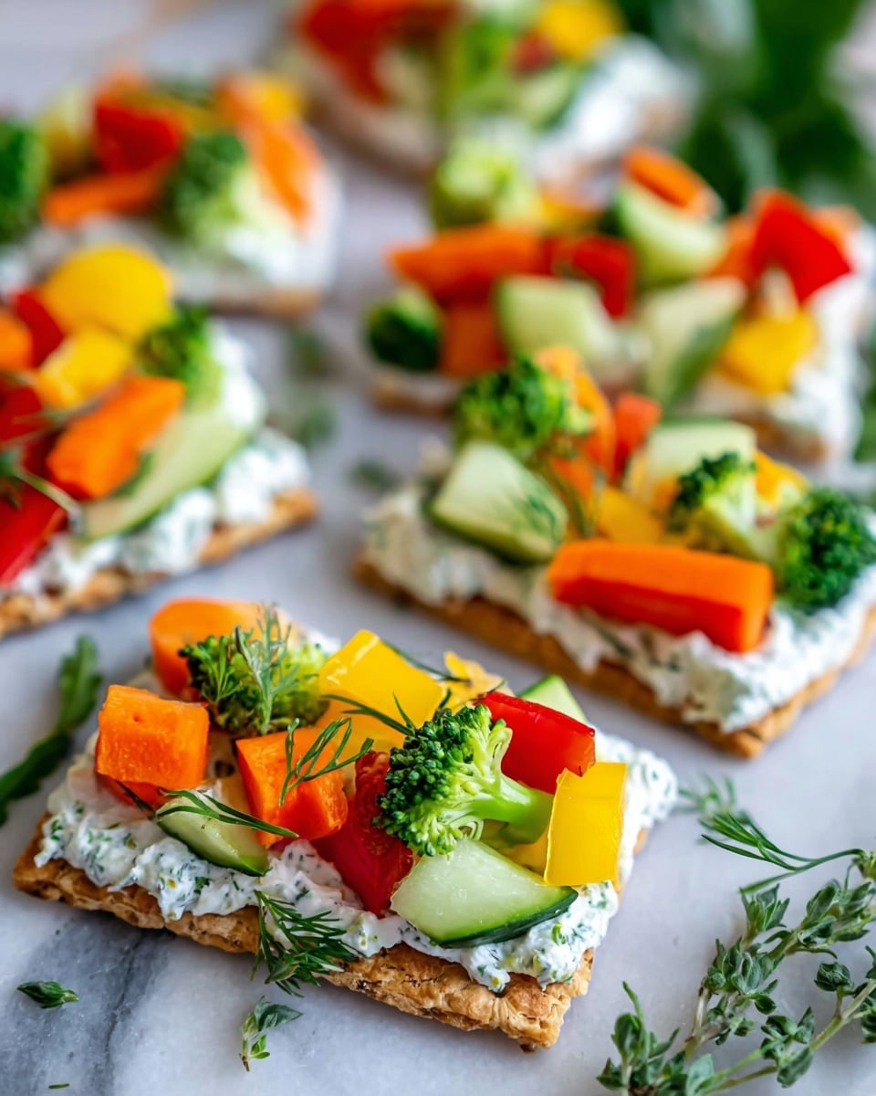 The image shows several small rectangular crackers placed on a white marbled surface, each topped with a creamy white spread mixed with herbs, giving it a light green tint. On top of the spread are pieces of fresh vegetables, including bright orange carrot slices, green cucumber chunks, small broccoli florets, red bell pepper, and yellow bell pepper, all arranged in a colorful, layered way. Sprigs of green herbs are scattered around the crackers, adding freshness to the scene. The whole dish looks vibrant and fresh, with a mix of smooth, crunchy, and leafy textures. Photo taken with an iphone --ar 4:5 --v 7