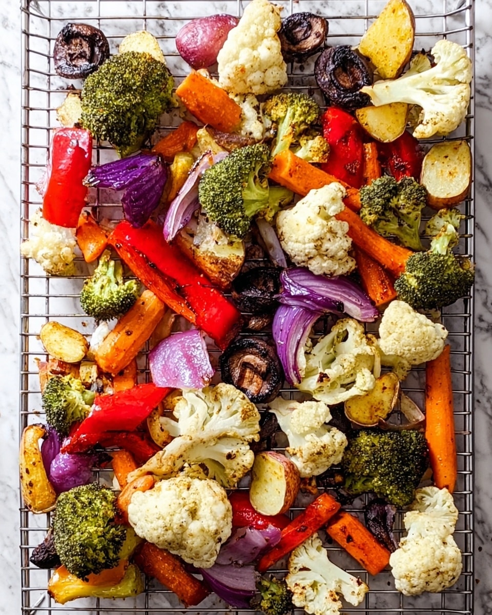 A square wire rack filled with a colorful mix of roasted vegetables, including white cauliflower florets, bright orange carrot pieces, green broccoli heads, red bell pepper chunks, purple onion slices, and dark brown mushrooms, all spread out evenly. The vegetables show slight charring and roasted textures with some crispy edges. The rack is placed on a white marbled surface, with the corner of a white and brown striped cloth and partially visible wooden-handled utensils nearby. Photo taken with an iphone --ar 4:5 --v 7