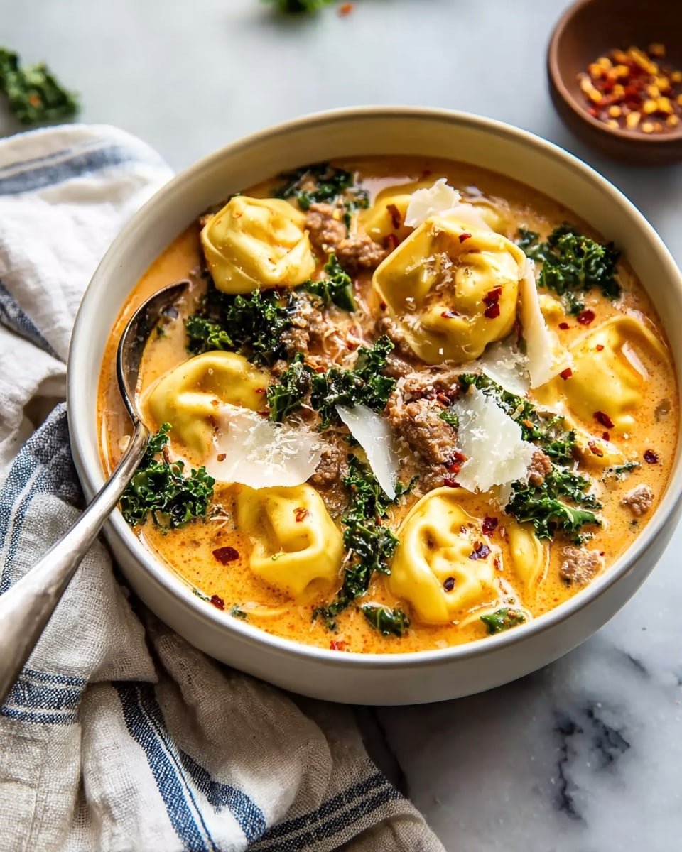 A bowl filled with a creamy orange soup base, layered with yellow tortellini pasta floating on top, scattered dark green kale leaves adding texture, and pieces of cooked brown meat mixed throughout. Large white cheese shavings are spread over the dish, along with small red chili flakes on some pasta. The bowl is white with a silver spoon on the left side. It sits on a white marbled surface with a soft cloth with blue and white stripes partially visible below. In the background there is a small brown bowl with red chili flakes. Photo taken with an iphone --ar 4:5 --v 7