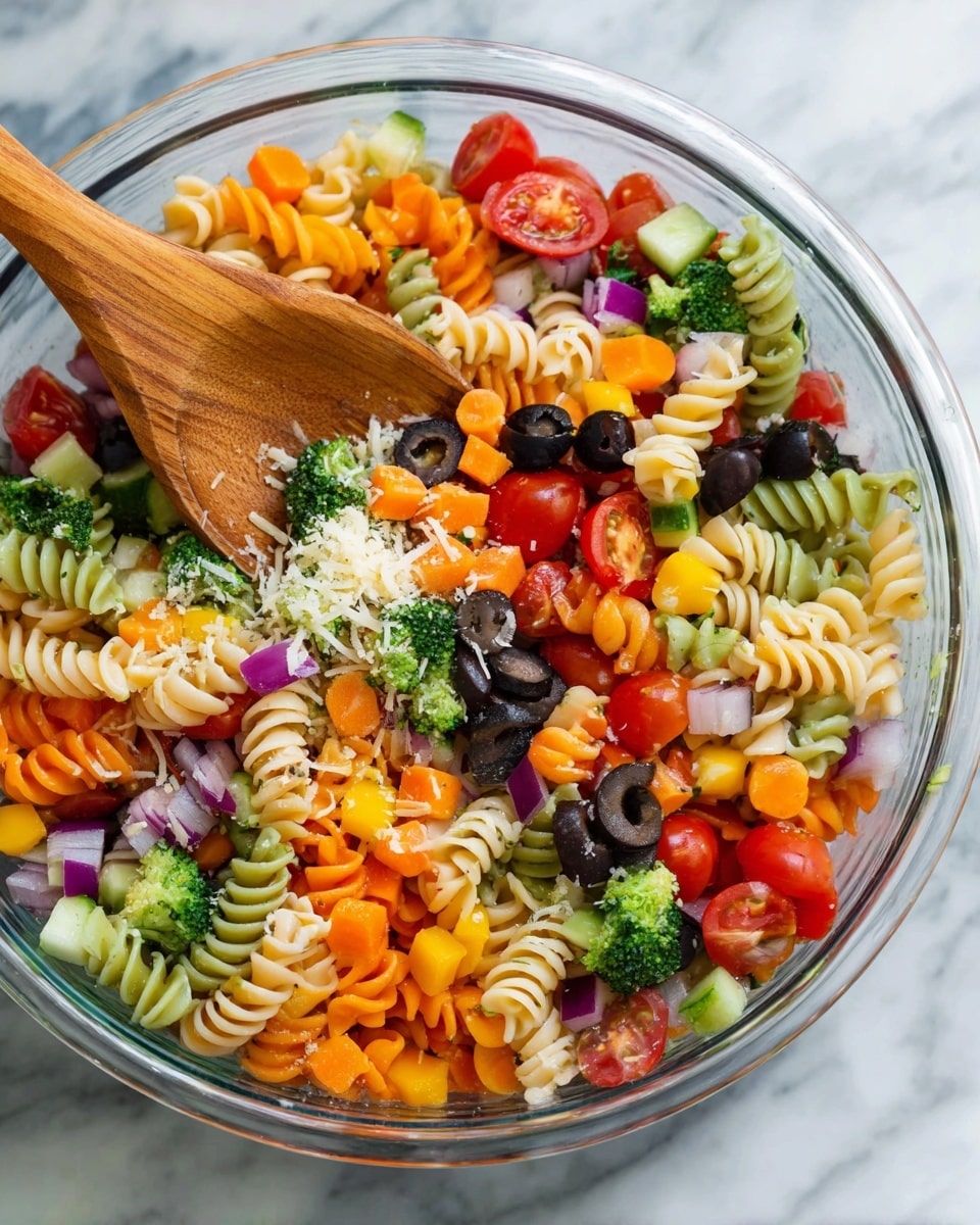 A clear glass bowl filled with a colorful pasta salad, showing several layers of rotini pasta in white, green, and orange shades mixed with halved cherry tomatoes in bright red, sliced black olives, small broccoli florets, round orange carrot slices, diced yellow bell peppers, chopped red onions, and small cucumber pieces. The salad is topped with a light sprinkling of grated cheese. A wooden spoon is placed inside the bowl, stirring the ingredients. The bowl rests on a white marbled surface. Photo taken with an iphone --ar 4:5 --v 7