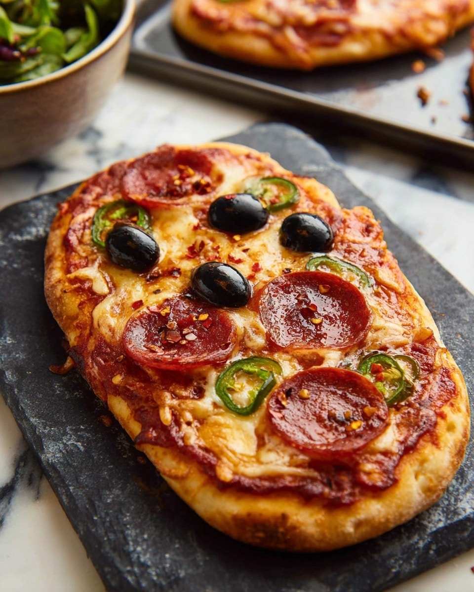 The image shows a small, oval pizza with a golden-brown crust sitting on a dark gray stone plate, placed on a white marbled surface. The pizza has a base layer of melted cheese that looks stretchy and creamy, with a rich red tomato sauce beneath. On top, there are round, reddish slices of pepperoni spread evenly. Thin rings of green jalapeño peppers and black olive slices are scattered over the pizza, adding contrast with their bright green and deep black colors. The pizza has a slight shine from oil droplets and is sprinkled with red chili flakes. In the background, another similar pizza on a baking tray is slightly out of focus, and a bowl with leafy greens appears partially on the left side. photo taken with an iphone --ar 4:5 --v 7