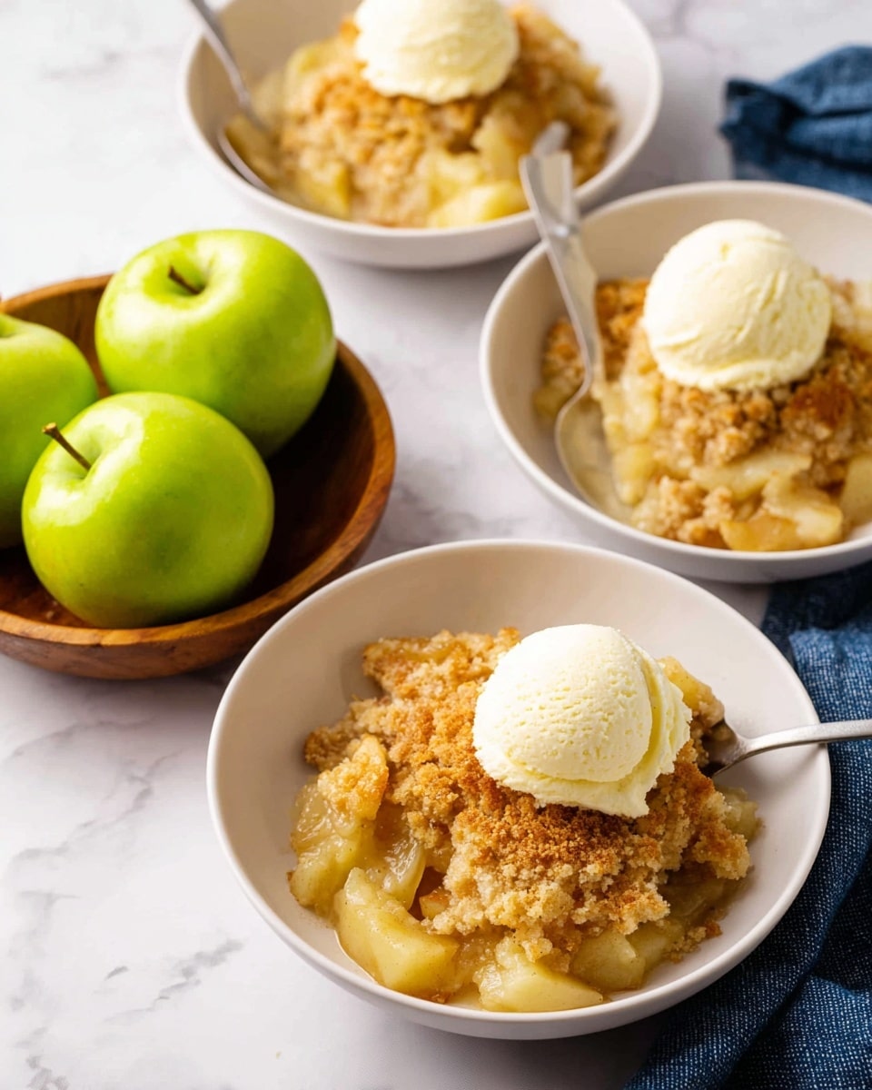The image shows two white round bowls filled with apple cobbler; the base layer consists of soft, chunky apple pieces with a pale yellow color, covered by a top layer of golden brown, crispy baked crust. On top of the crust, there is a dollop of creamy, pale yellow vanilla ice cream. To the left side, there is a wooden bowl holding bright green apples, and the bowls rest on a white marbled surface with a folded blue cloth nearby. Photo taken with an iphone --ar 4:5 --v 7