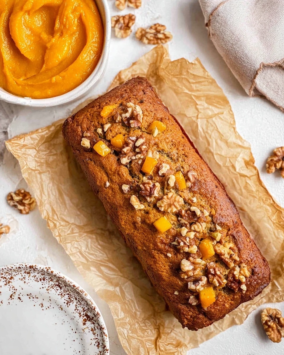 A loaf of bread with a golden brown crust topped with chopped walnuts and orange chunks rests on crumpled brown parchment paper. To the side, a white bowl holds a thick orange puree with a smooth texture. Scattered walnut pieces and a white marbled surface create a clean background. A corner of a white plate with brown specks is visible at the bottom left. photo taken with an iphone --ar 4:5 --v 7