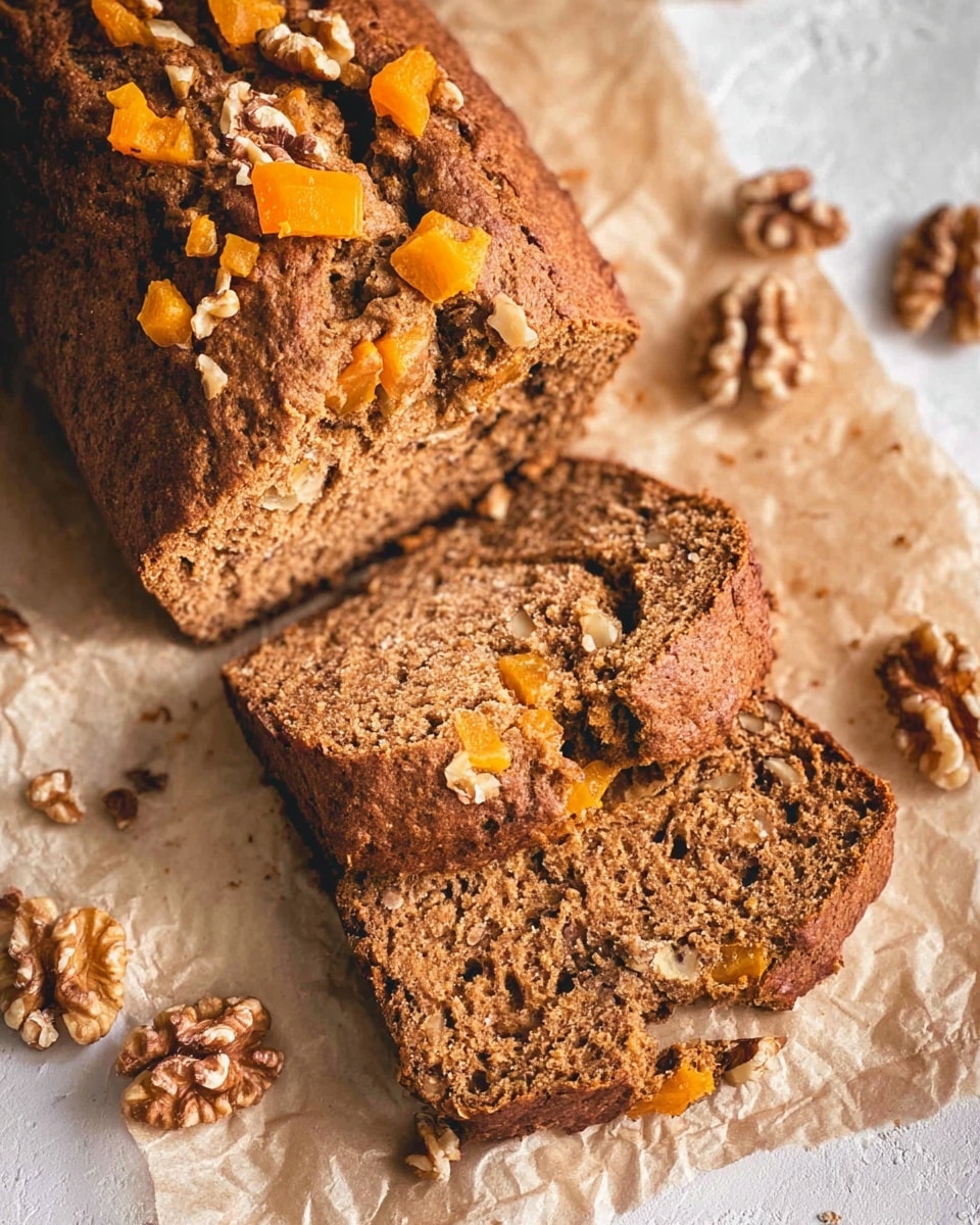 A loaf of brown bread with a rough texture sits on crinkled parchment paper over a white marbled surface. The loaf is topped with pieces of bright orange chunks and scattered walnut halves. Three slices are cut from the loaf, showing a dense interior with visible small walnut pieces and some orange chunks embedded inside. Extra walnut halves are scattered around the bread on the parchment. photo taken with an iphone --ar 4:5 --v 7
