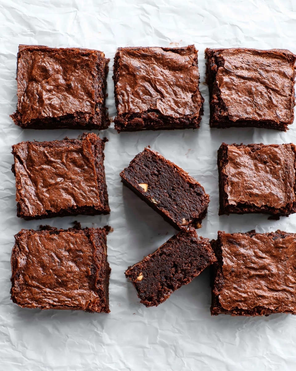 Nine pieces of dark brown brownies are placed on a white marbled textured surface, arranged in three rows and three columns. The brownies have a cracked, slightly rough top layer showing a rich chocolate color. One brownie piece is tilted forward, revealing a dense, moist interior with small nut pieces embedded inside. The brownies have straight edges, and the surface underneath is slightly wrinkled white paper. photo taken with an iphone --ar 4:5 --v 7