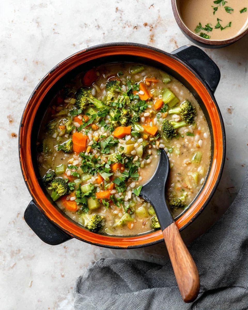 A round, black pot with an orange inside edge holds a thick vegetable soup with visible layers of green broccoli florets, orange carrot slices, light green celery pieces, and bits of barley in light broth. On top, there is a large garnish of chopped fresh cilantro, bright green and finely cut. A black ladle with a long wooden handle rests inside the pot on the right side. The pot is placed on a white marbled surface, next to a grey cloth napkin at the lower right. Above the pot, part of a round container with a light brown creamy soup and black rim is partially visible. photo taken with an iphone --ar 4:5 --v 7