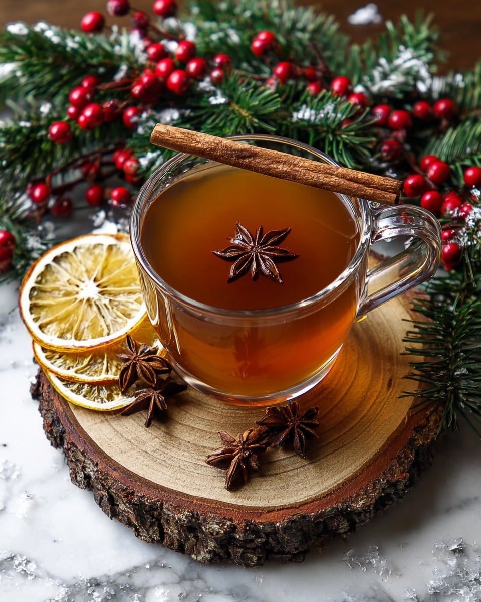 A clear glass cup filled with warm brown spiced tea sits on a round wooden slab with bark edges, acting as a coaster. The tea has a star-shaped star anise floating on its surface and a long cinnamon stick resting horizontally across the top of the cup. Around the slab are scattered dried orange slices and more star anise. Green pine branches with hints of snow and clusters of red berries frame the scene on the white marbled surface below. The image comes across cozy and festive. photo taken with an iphone --ar 4:5 --v 7