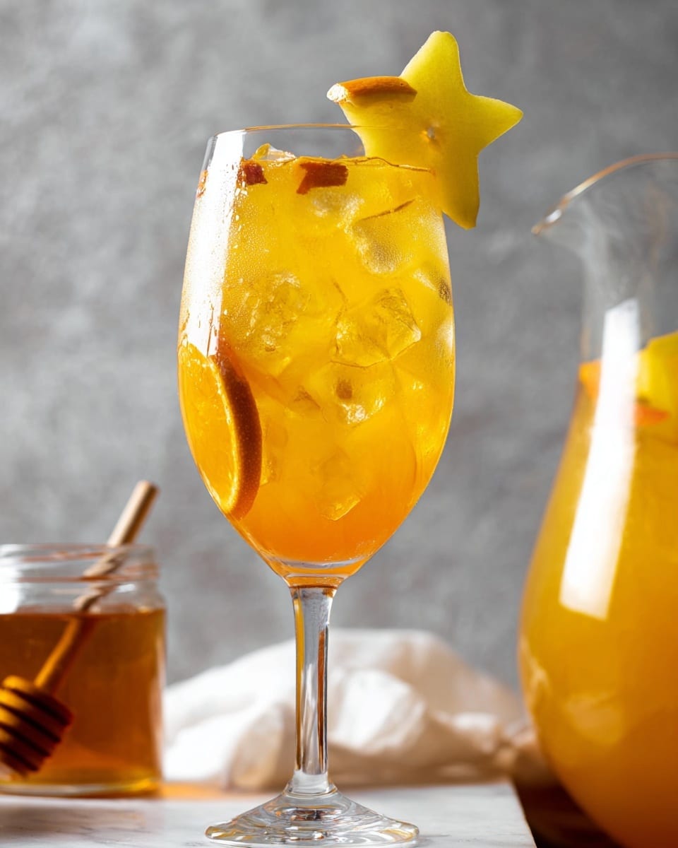 A tall clear glass filled with bright orange iced drink, layered with many small ice cubes. On top, there are several pieces of yellow star fruit floating, showing their star shape and seeds. An orange slice is placed on the rim of the glass as decoration. The glass has some condensation, making it look cool and fresh. The background has a white marbled texture with hints of another glass with a similar drink visible behind it. photo taken with an iphone --ar 4:5 --v 7