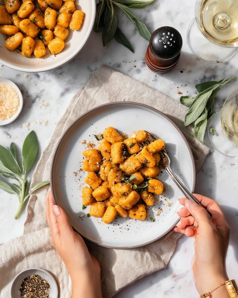 A white plate holds a single layer of small, orange gnocchi pieces coated with herbs and small bits of seasoning, each piece showing a soft, slightly ridged texture. A woman's left hand gently supports the edge of the plate while her right hand holds a fork with a piece ready to eat. The plate rests on a light beige cloth napkin, set on a white marbled surface scattered with a few fresh sage leaves. In the background, a white bowl filled with more gnocchi and herbs, a pepper grinder, a small white bowl of grated seasoning, a glass of white wine, and some sage leaves add to the scene. The lighting is bright and natural, highlighting the vibrant colors and textures. Photo taken with an iphone --ar 4:5 --v 7