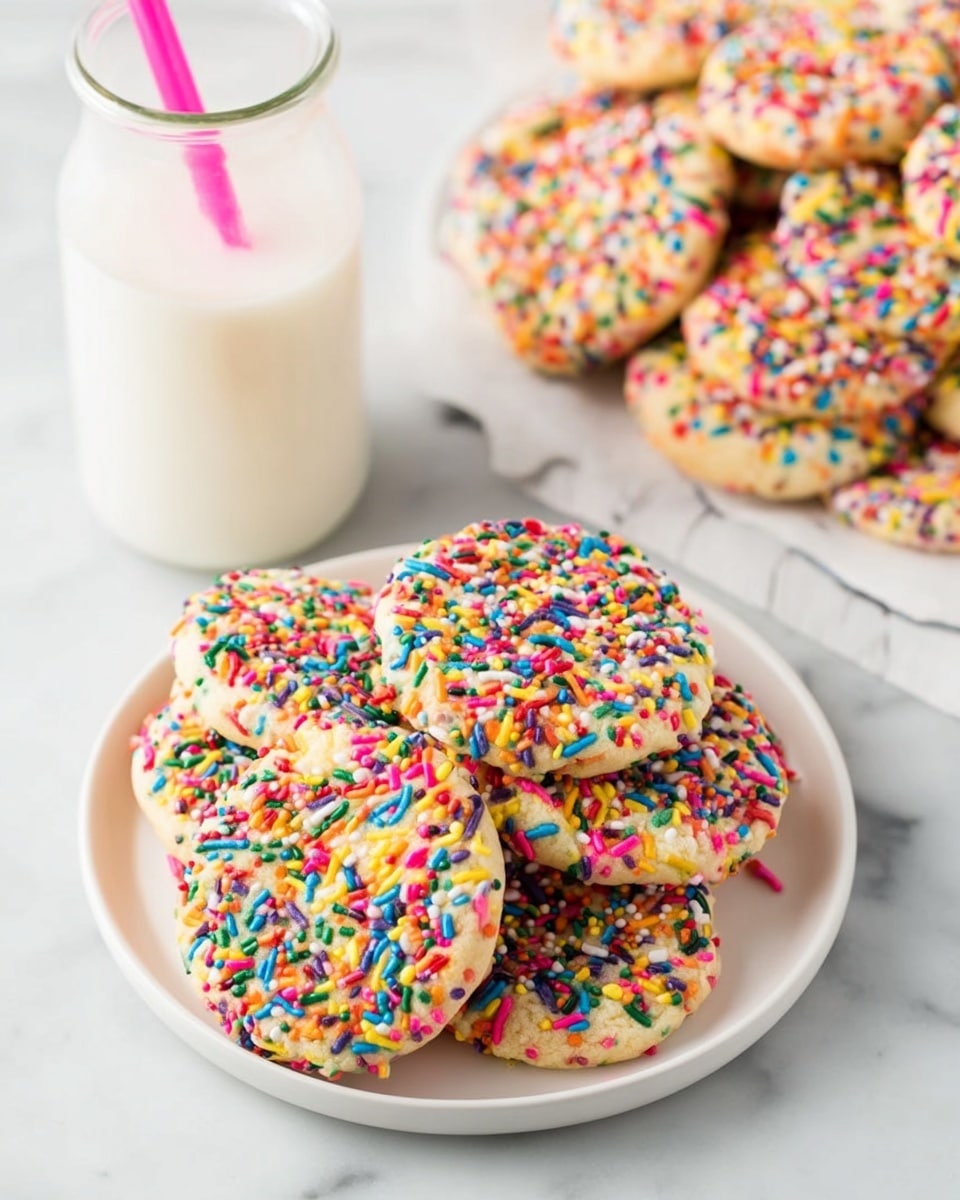 A stack of five cookies is shown on a white marbled surface. Each cookie has two types of colorful sprinkles on its edges – one type is small round sprinkles in red, yellow, green, blue, purple, and white; the other type is longer and thicker sprinkles in red, orange, yellow, green, blue, white, and brown. The cookies are light golden brown and slightly textured. They are stacked unevenly, making the stack look tall and fun. The background is blurry but shows more cookies with a similar look. photo taken with an iphone --ar 4:5 --v 7