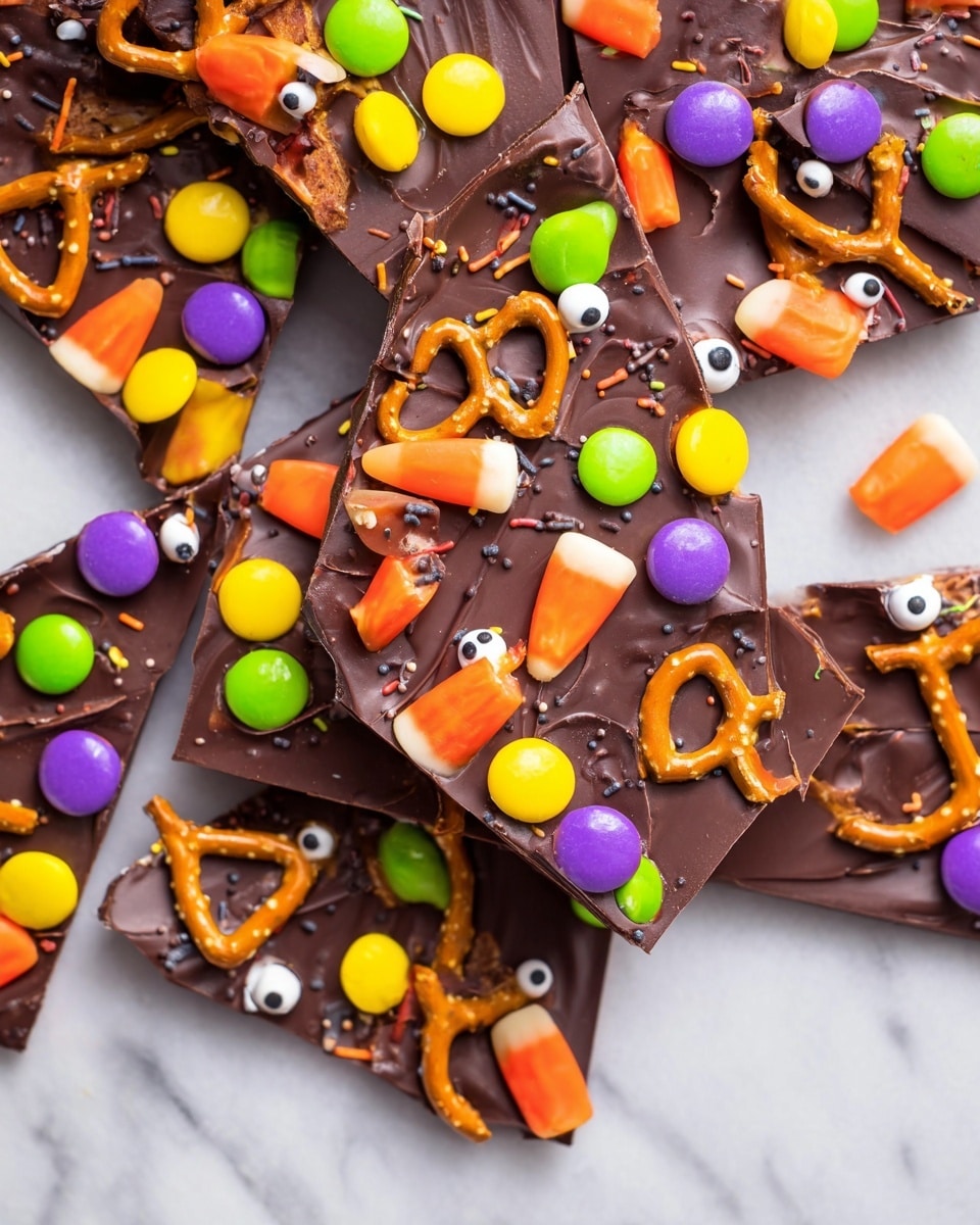 The image shows several pieces of dark chocolate bark scattered on a white marbled surface. Each piece has one thick layer of smooth, shiny dark chocolate as the base. On top, there are bright colorful candy pieces including green, orange, and purple round candies, orange and yellow candy corn, and small black, orange, green, and purple sprinkle dots. Some pieces have light brown pretzels arranged flat on the chocolate, and there are small white candy eyes scattered around as well. The bark is broken into irregular large chunks with sharp edges and varied shapes. photo taken with an iphone --ar 4:5 --v 7
