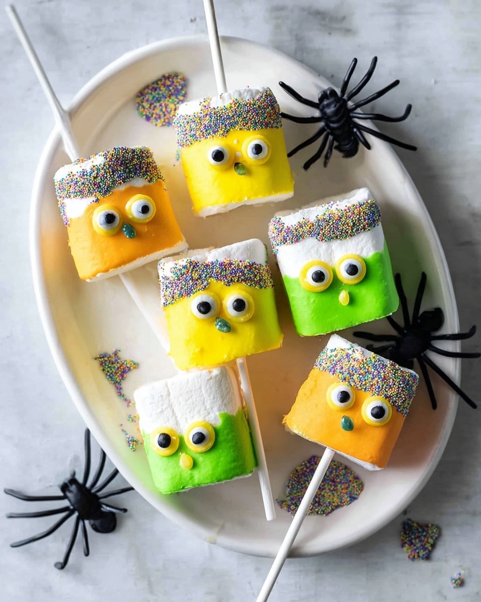 The image shows five large white marshmallows on white skewers, placed on a white oval plate on a white marbled background. Each marshmallow is dipped halfway in colorful icing—two in yellow, two in green, and one in orange. The dipped part is decorated with round candy eyes with black pupils, mostly yellow or green, and small candy dots for noses in different colors. The edges where the icing ends are covered with tiny multicolored sprinkles. Small black plastic spiders are placed around and on top of the marshmallows as Halloween decorations. photo taken with an iphone --ar 4:5 --v 7