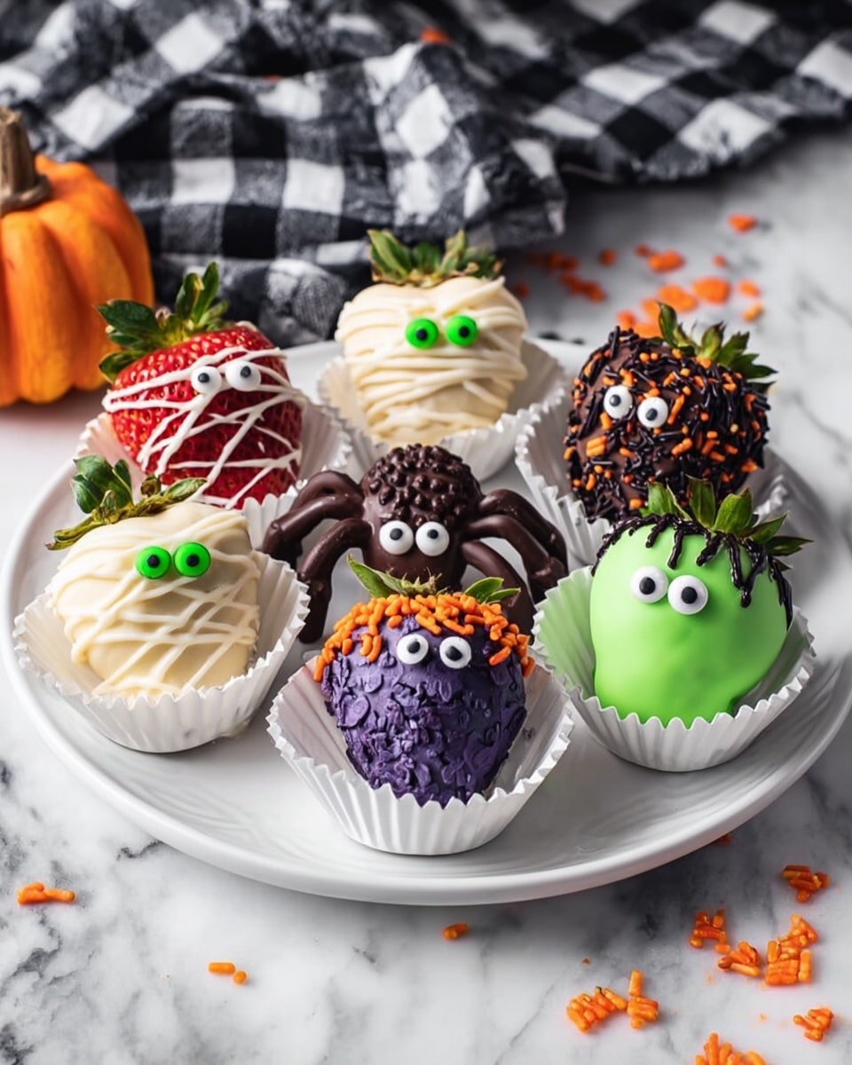 A woman's hand is holding a white cupcake liner with a strawberry covered in white chocolate and decorated to look like a mummy, with white chocolate lines crossing over it and two small green and black candy eyes peeking through. Around it are more white cupcake liners holding strawberries decorated in fun Halloween styles: one with purple coating and orange sprinkles, one with dark chocolate shaped like an octopus with red candy eyes and a red mouth, and another with green coating designed to look like Frankenstein with black sprinkles as hair, two candy eyes, and two pretzel sticks on the sides like bolts. All decorations are on a white marbled surface sprinkled with orange and black tiny sprinkles. photo taken with an iphone --ar 4:5 --v 7