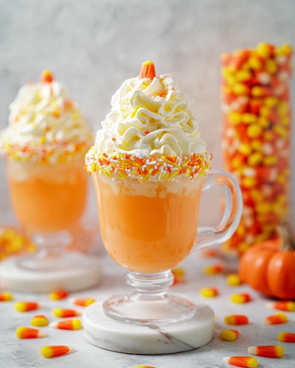 The image shows a clear glass cup filled with an orange drink that forms the first layer. On top is a thick layer of white whipped cream with yellow, orange, and white sprinkles around the rim of the cup. The whipped cream is swirled high, forming a peak with a candy corn placed on top. The cup sits on a small white pedestal with a marbled surface underneath, scattered with candy corn pieces around it. A second similar drink is blurred in the background, and a tall glass full of candy corn is also visible behind the main cup. Photo taken with an iphone --ar 4:5 --v 7