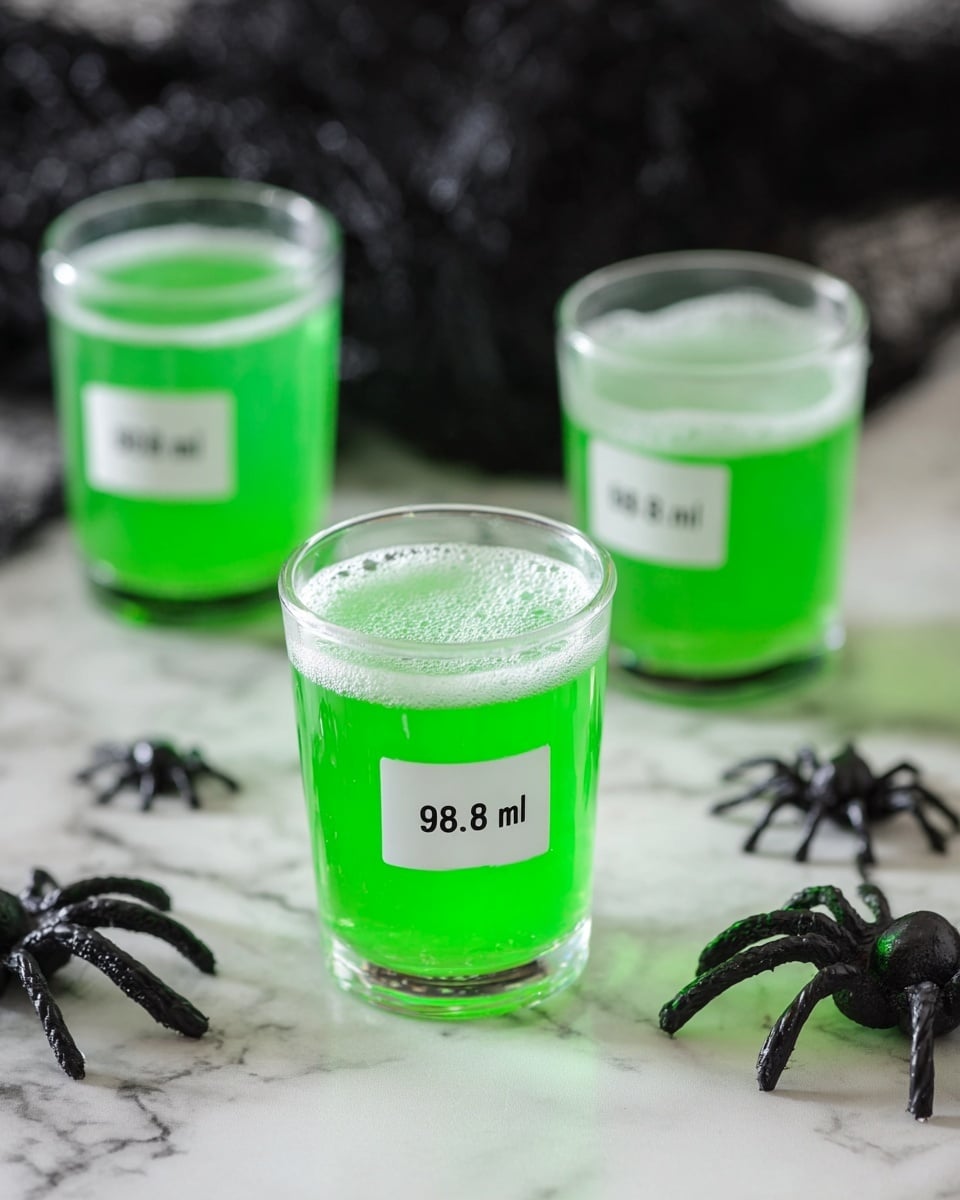 Three clear shot glasses filled with bright green liquid topped with light foam are arranged on a white marbled surface. Each glass shows a white label with