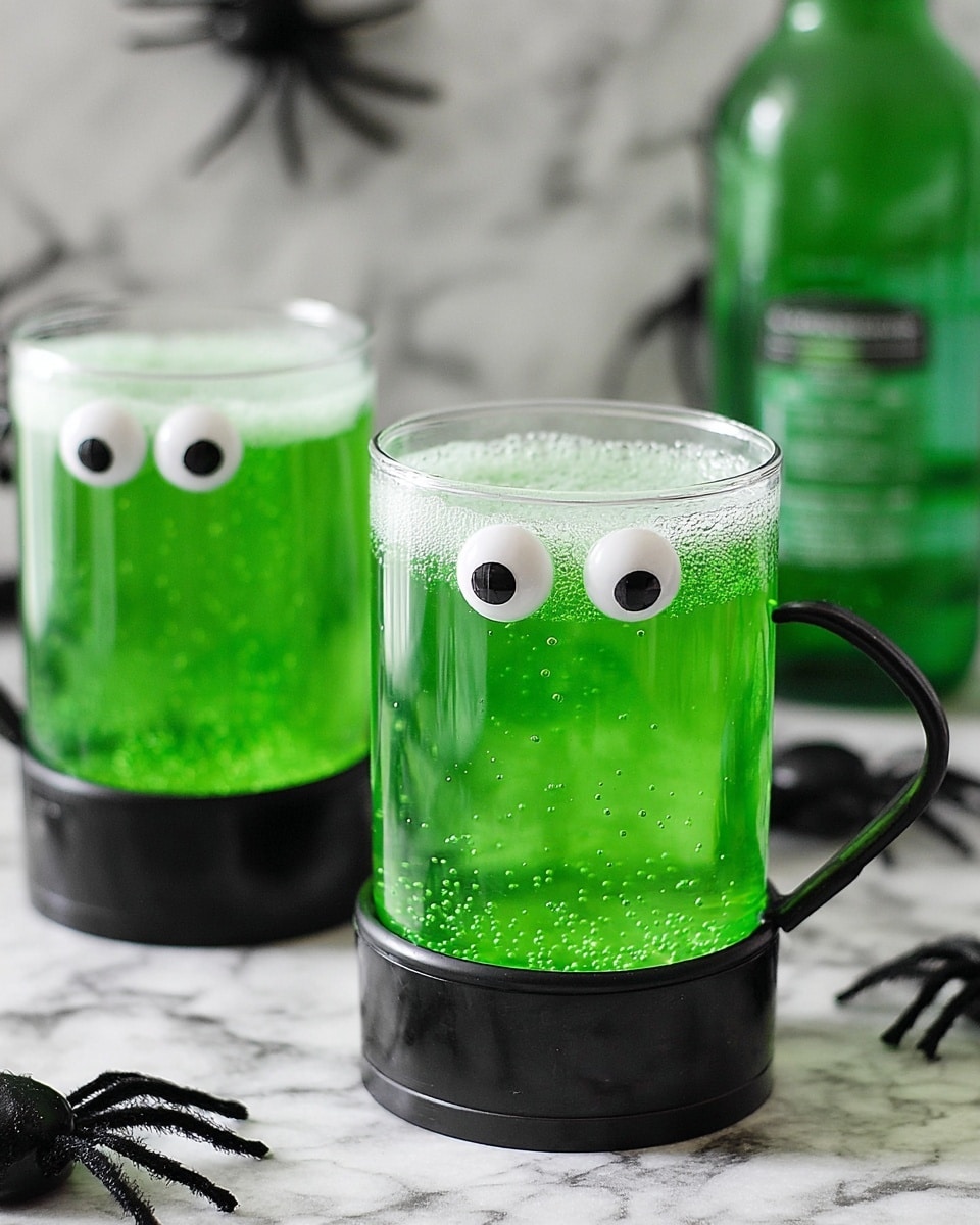 Two clear glasses filled with bright green bubbly liquid, each glass decorated with three small round white and black googly eyes stuck on the sides. The glasses are placed in black holders with wide bases and curved handles on the right. The scene is set on a white marbled surface with black plastic spiders spread around. In the background, a green bottle is partially visible against the white marbled texture. The image is sharp and clear, showing the foamy top layer of the green drink. photo taken with an iphone --ar 4:5 --v 7