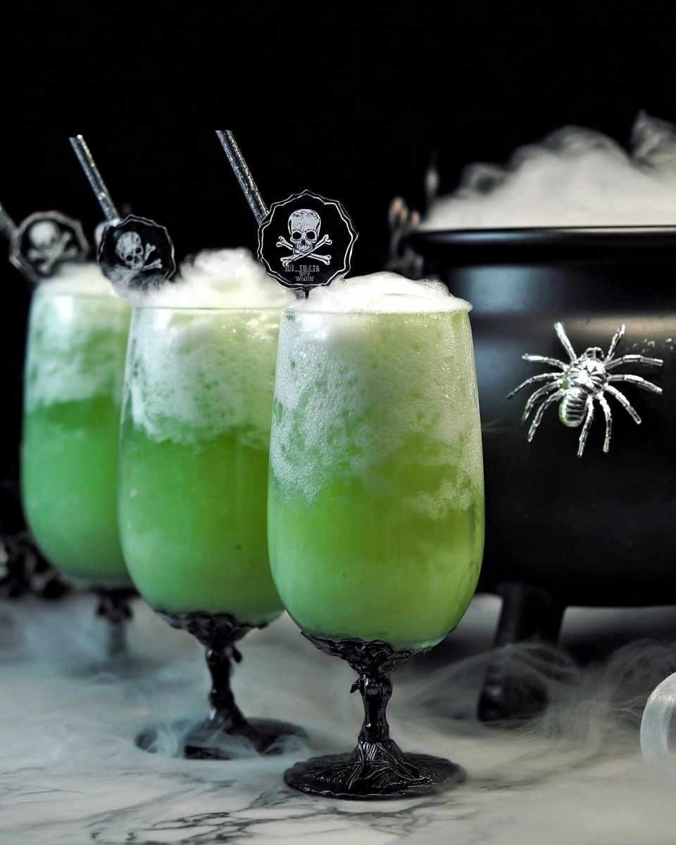 There are three tall white glasses filled with a bright green drink that has a thick white foam layer on top. Each glass has a small round stick with a skull and crossbones design inserted into the foam. The glasses have black stems shaped like birds standing on a white marbled surface with some white smoke around them. Behind the glasses, on the right side, there is a black cauldron decorated with a white spider web and a small white spider. The background is dark, making the green drink and white foam stand out. photo taken with an iphone --ar 4:5 --v 7