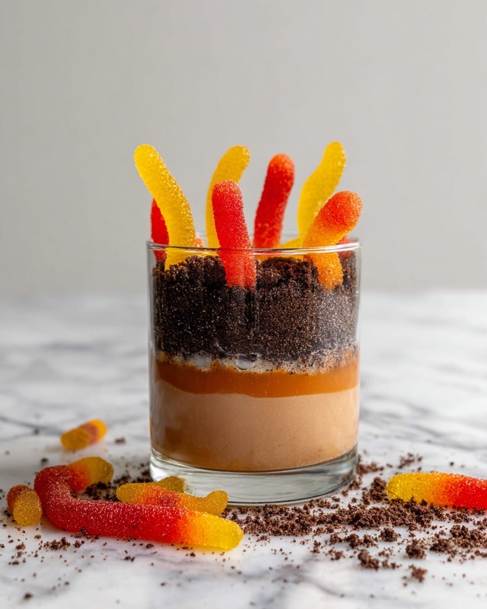 A clear glass shows a three-layered dessert: the bottom layer is smooth and light brown, the middle layer has dark crushed cookie crumbs with a rough texture, and the top layer consists of colorful gummy worms in red, yellow, and orange standing upright, with some spilling outside the glass onto a white marbled surface. Photo taken with an iphone --ar 4:5 --v 7