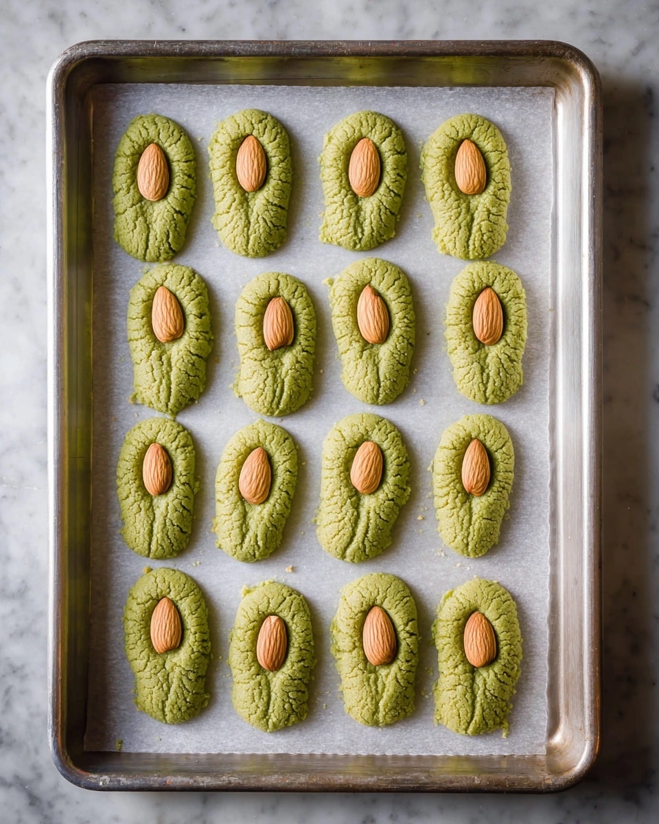 A metal baking tray lined with white parchment paper holds five rows of almond-topped green cookies. Each cookie has a textured green base with a shape resembling a slightly curved figure eight or peanut shell, topped with a single whole almond placed at the wider end. The cookie dough looks airy and soft, with an uneven but consistent surface. The tray sits on a white marbled background. photo taken with an iphone --ar 4:5 --v 7