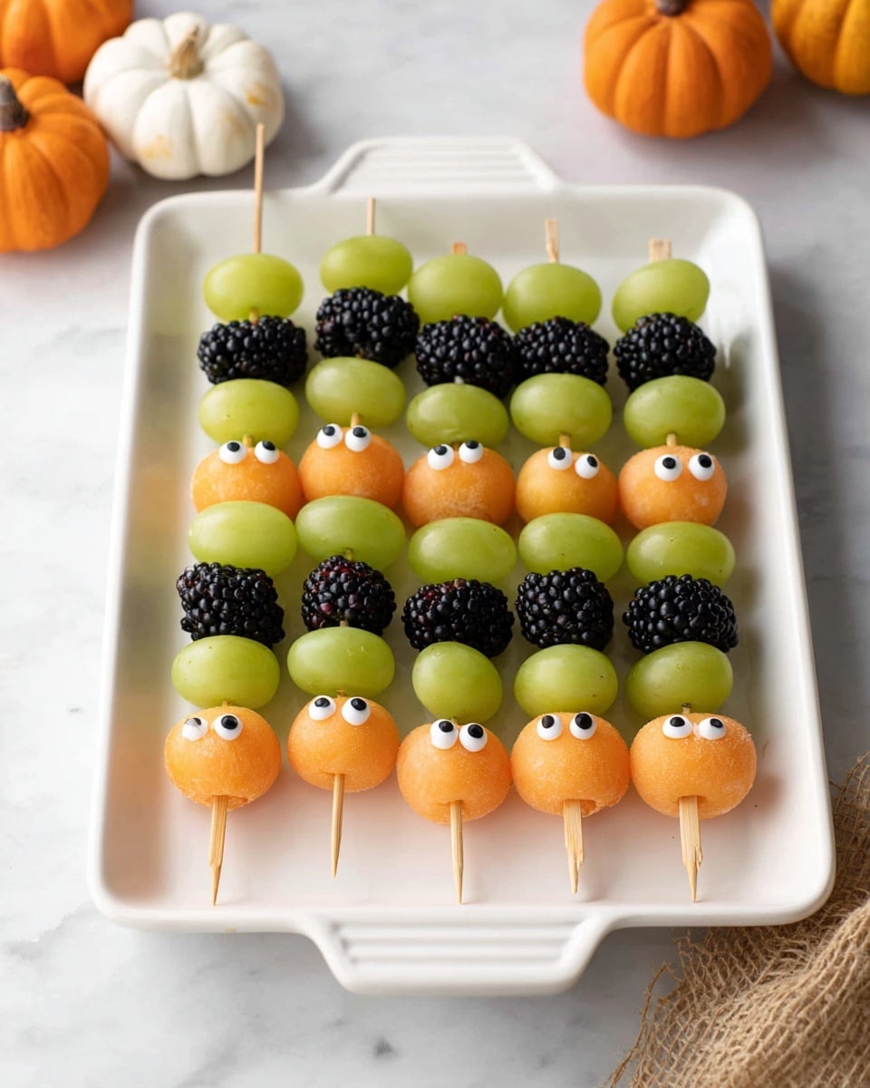 This image shows two fruit skewers held by a woman's hand against a white marbled background. Each skewer has four layers from top to bottom: the left skewer has a green grape with two small white and black candy eyes, a black blackberry with a bumpy texture, an orange melon ball that is smooth, and another grape with candy eyes at the bottom. The right skewer has an orange melon ball on top, a blackberry below it, another orange melon ball, and finally a green grape with candy eyes at the bottom. The candies eyes give the grapes a playful, fun look. Photo taken with an iphone --ar 4:5 --v 7