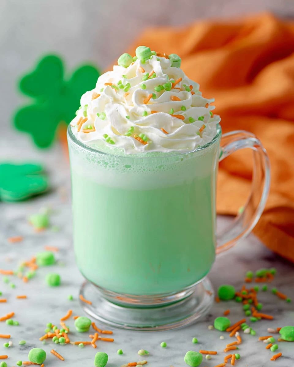 A clear glass mug filled with two layers of drink, the bottom layer a solid light green and the top layer a lighter green foam, topped with a swirl of white whipped cream sprinkled with small round and stick-shaped green candies; the mug sits on a white marbled surface with some green sprinkles scattered around; in the blurred background are an orange cloth and green shamrock shapes. photo taken with an iphone --ar 4:5 --v 7