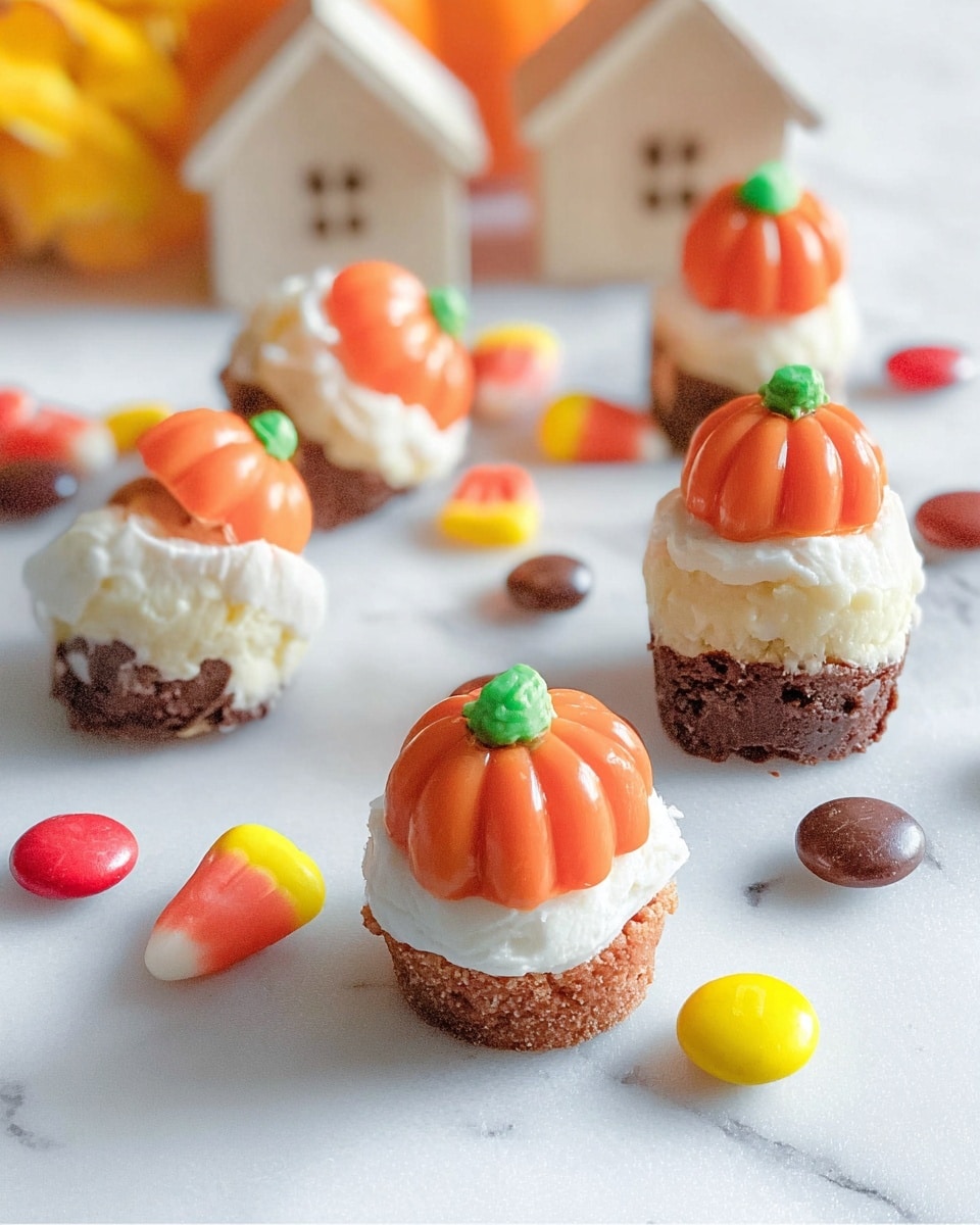 The image shows small treats with three main layers stacked on a white round dish. The base layer is dark brown and looks like a small chocolate cup. The middle layer is white, fluffy, and creamy, sitting on top of the chocolate base. The top layer is a bright orange candy shaped like a pumpkin with a small green stem. Each treat also has one small round candy, either dark brown or yellow, placed on the white cream near the pumpkin candy. The background has a white marbled texture with blurred wooden panels and orange fall leaves in soft focus. Photo taken with an iphone --ar 4:5 --v 7