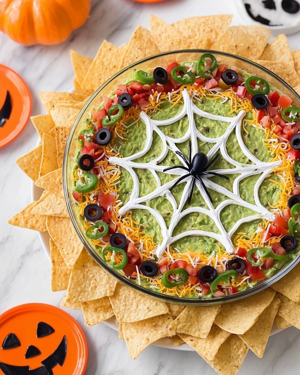 The dish is a layered dip served in a clear round container. The bottom layer is creamy and pale, likely sour cream or cream cheese. Above it, there is a green guacamole layer covering most of the surface. On top of the guacamole, there is a white sour cream spider web design with clean lines spreading from the center. In the very center is a black plastic spider. Around the edge of the dip is a border made of diced red tomatoes, shredded yellow and white cheese, green sliced scallions, and black sliced olives. The container is placed on a wooden board with some white tortilla chips around it, and the background is a white marbled surface. Photo taken with an iphone --ar 4:5 --v 7
