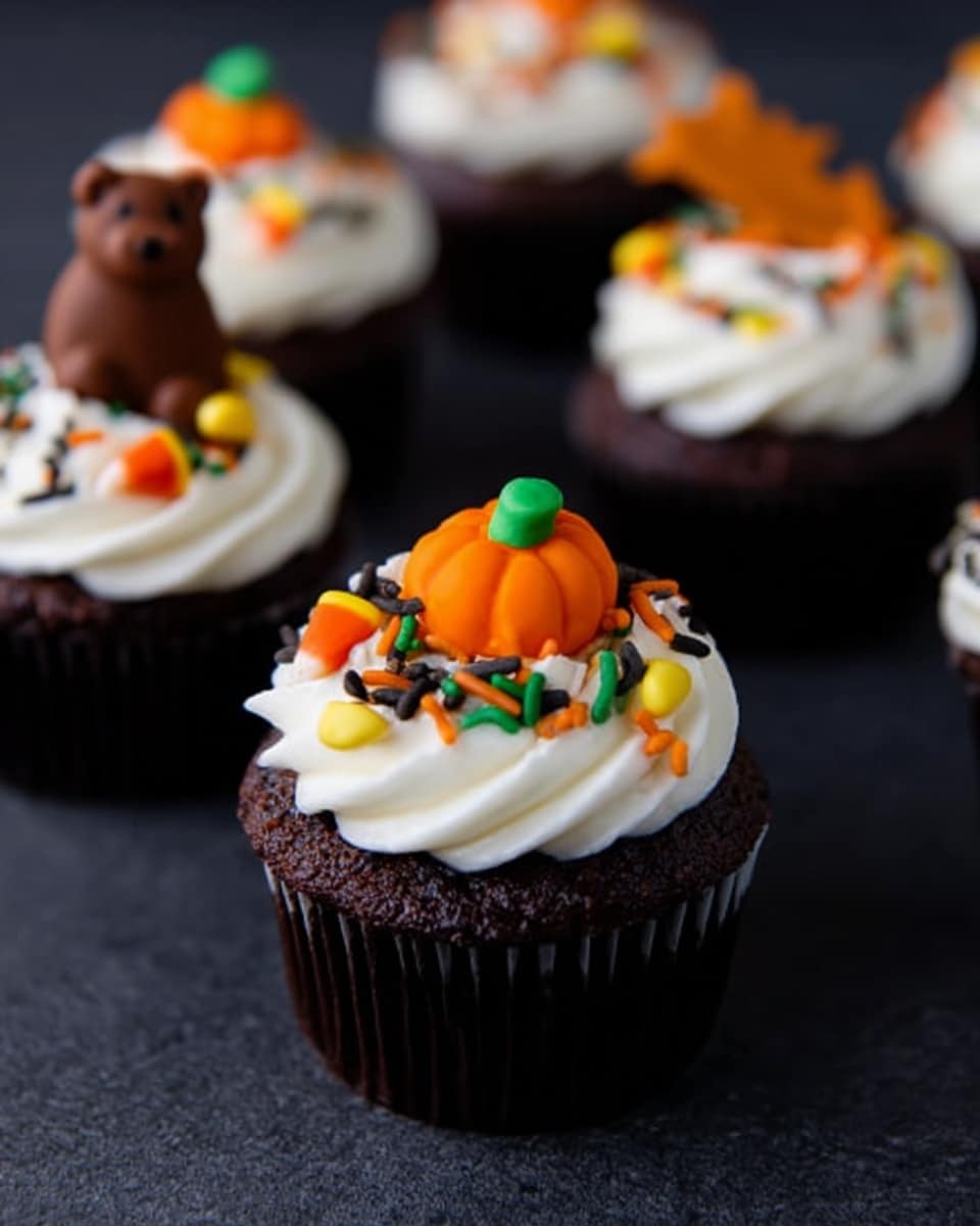 The image shows dark brown cupcakes each topped with two layers of white frosting swirled high in a circular motion. On top of the frosting are small detailed decorations shaped like a brown bear and an orange pumpkin with a green stem. Colorful sprinkles in orange, yellow, green, and black are scattered over the frosting, adding contrast. The cupcakes sit on a smooth black surface. photo taken with an iphone --ar 4:5 --v 7