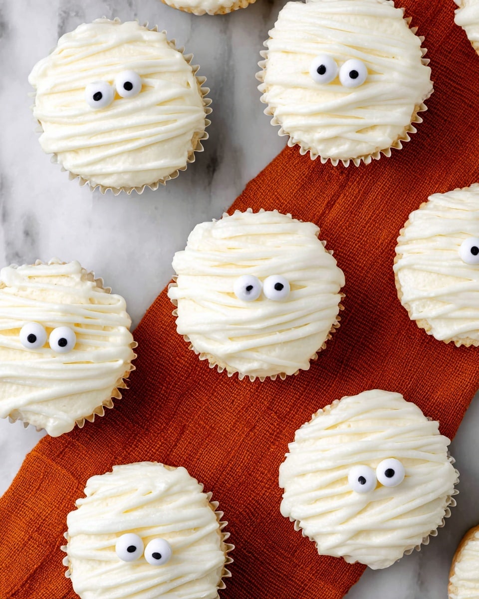 The image shows several cupcakes decorated to look like mummies. Each cupcake has a base layer of smooth white frosting. On top of that, thin strips of white frosting are arranged in overlapping layers to resemble mummy wrappings. Two small candy eyes, white with black centers, are placed near the center of each cupcake, peeking out between the layers of frosting strips. The cupcakes are laid out on a white marbled surface with a burnt orange textured cloth diagonally underneath some of them. The overall look is neat and playful, with a simple white color scheme broken by the small black and white candy eyes. Photo taken with an iphone --ar 4:5 --v 7
