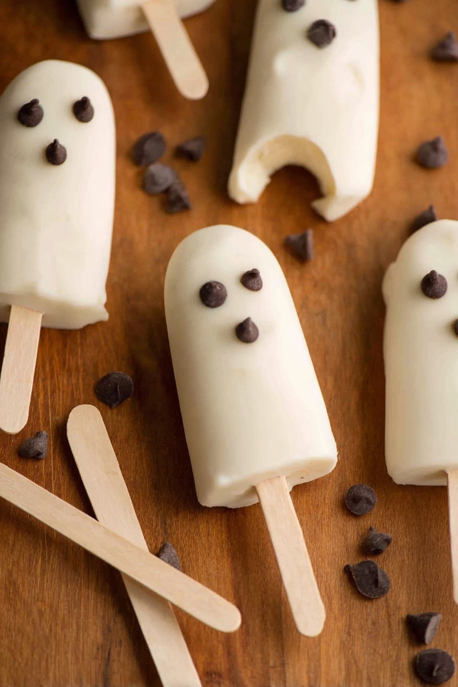 Boonanas – A Frozen Banana Ghost Halloween Treat, healthy Halloween snacks for kids, easy Halloween party treats, fun festive treat ideas, frozen banana dessert - The image shows several popsicles with a smooth white coating shaped like ghosts, each having three small dark chocolate chips arranged as eyes and a mouth on the top layer. There is one popsicle with a bite taken out of the top, revealing a lighter inside layer under the white coating. All popsicles have light wooden sticks attached to their base. Some loose chocolate chips are scattered around the popsicles on a wooden surface that has a warm brown color with visible grain texture. Two light wooden popsicle sticks lay next to the popsicles in the lower left area of the image. The overall look is soft and creamy with a playful ghost design. Photo taken with an iphone --ar 2:3 --v 7