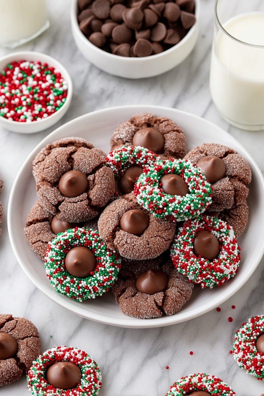 Chocolate Kiss Cookies, Chocolate Kiss Cookies recipe, easy cookie recipes with kisses, soft chocolate cookies, holiday cookie recipes - The image shows a close-up of chocolate cookies with a round shape and a crinkly texture covered in sugar. Each cookie has one chocolate candy placed in the middle, which is smooth and glossy with a small point on top. One cookie stands out with colorful red, green, and white round sprinkles covering the outer edge, creating a bright and festive look. The cookies are stacked closely together, filling the frame. photo taken with an iphone --ar 2:3 --v 7