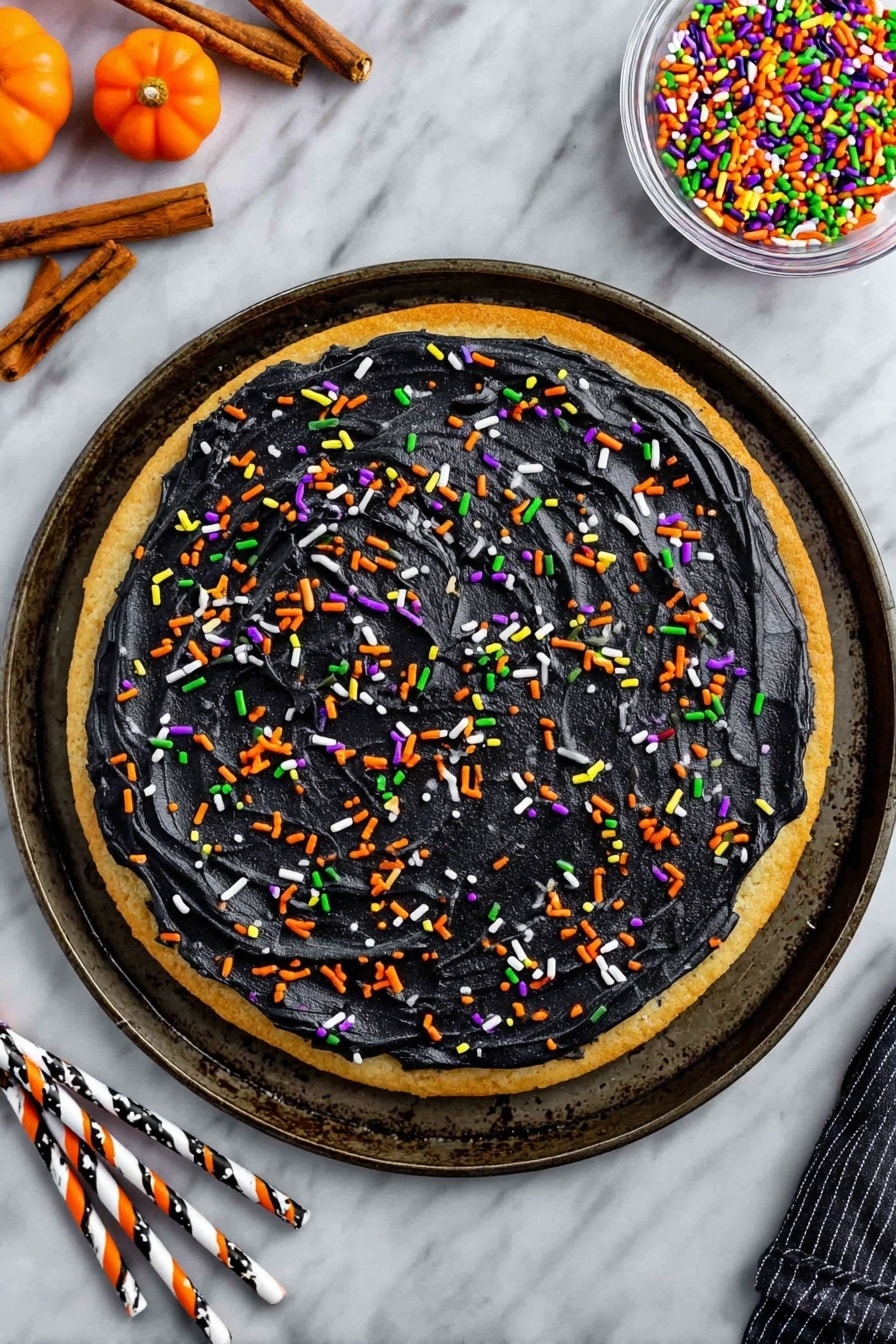 Halloween Pumpkin Spice Cookie Cake, pumpkin spice cookie cake recipe, fall cookie cake, festive Halloween dessert, easy pumpkin spice cookies - A round cookie base in light brown color forms the bottom layer, topped with a thick spread of black frosting that has a smooth, slightly shiny texture with visible swirl marks. Colorful sprinkles in orange, green, purple, and white are scattered evenly over the black frosting layer. The cookie sits on a dark metal round tray, placed on a white marbled surface. On the top right, there is a clear glass bowl filled with the same colorful sprinkles, and on the top left, there are two cinnamon sticks and two small orange pumpkin-shaped candies. At the bottom left, there are three paper straws with black and white stripes, orange stripes, and black dots. Photo taken with an iphone --ar 2:3 --v 7