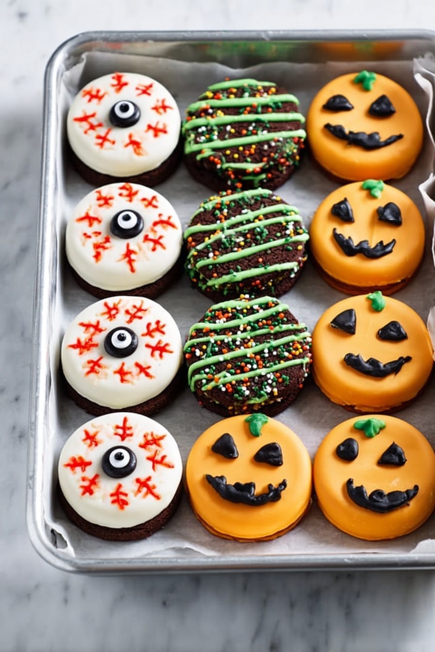 Halloween Oreo Candy Molded Treats, Halloween Oreo Candy, Oreo holiday treats, festive Halloween candy recipes, homemade Halloween Oreo candies - The image shows a metal tray lined with white parchment paper holding three types of round Halloween-themed cookies arranged in neat rows. The first type has a white base layer and is topped with a black and white candy eyeball in the center, decorated with red icing lines radiating outward like blood vessels. The second type has a dark brown base layer with green icing drizzled across the top and colorful sprinkles scattered over it. The third type has an orange base topped with black icing forming simple jack-o'-lantern faces, some with triangle eyes and others with round eyes and a smile. The tray rests on a white marbled background. photo taken with an iphone --ar 2:3 --v 7