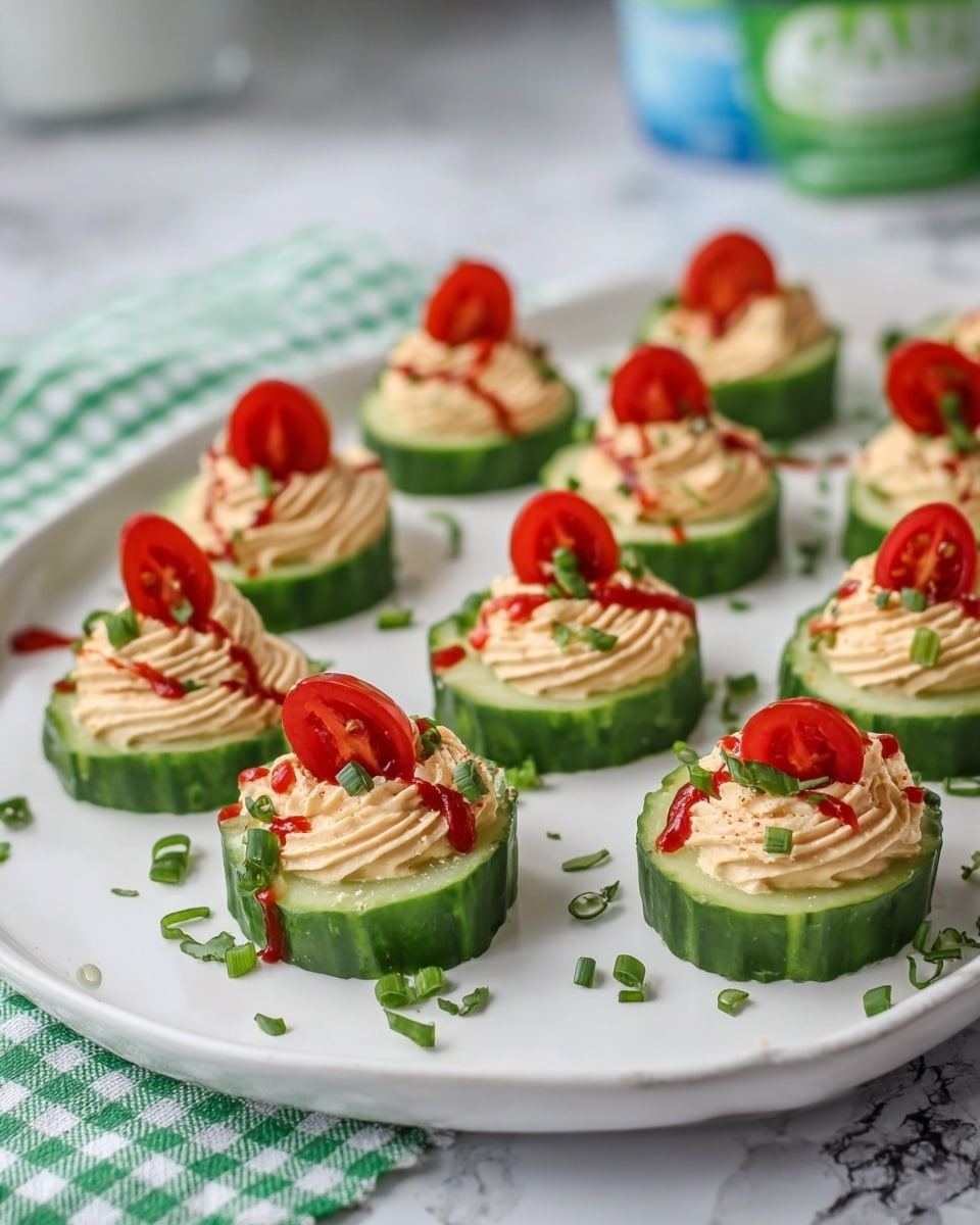 The image shows a white tray with round cucumber slices as the base layer. On each cucumber slice, there is a swirl of light beige creamy spread with a smooth, slightly ridged texture. Each swirl is topped with a small red wedge of tomato placed upright and a thin line of red sauce drizzled on the cream. Small chopped green herbs are scattered over the cucumber rounds and tray. The tray is placed on a white marbled surface covered partially with a green and white checkered cloth. In the background, there is a blurred container with white and blue colors. photo taken with an iphone --ar 4:5 --v 7