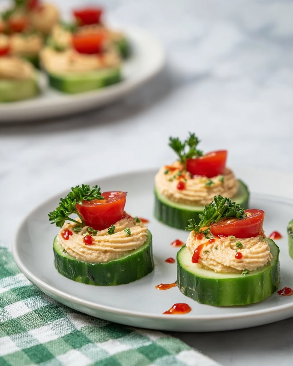 The image shows three cucumber rounds as the base, each topped with a swirl of light beige hummus that has a smooth but slightly textured look. On top of the hummus, there is a quarter slice of bright red cherry tomato standing upright toward the back. Small green parsley leaves and a few drops of red sauce are scattered on the hummus for color. The three cucumber rounds are on a simple white plate set on a white marbled surface with a green and white checkered cloth beside the plate. In the background, more cucumber rounds with hummus and tomato are slightly blurred on a white plate. Photo taken with an iphone --ar 4:5 --v 7